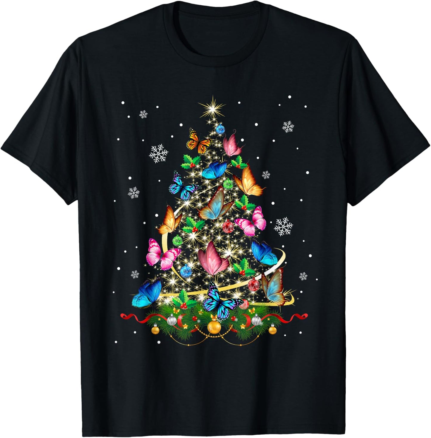 Butterfly Christmas Tree Lights Girl Xmas Pajama Butterfly T-Shirt - T-Shirt | Black