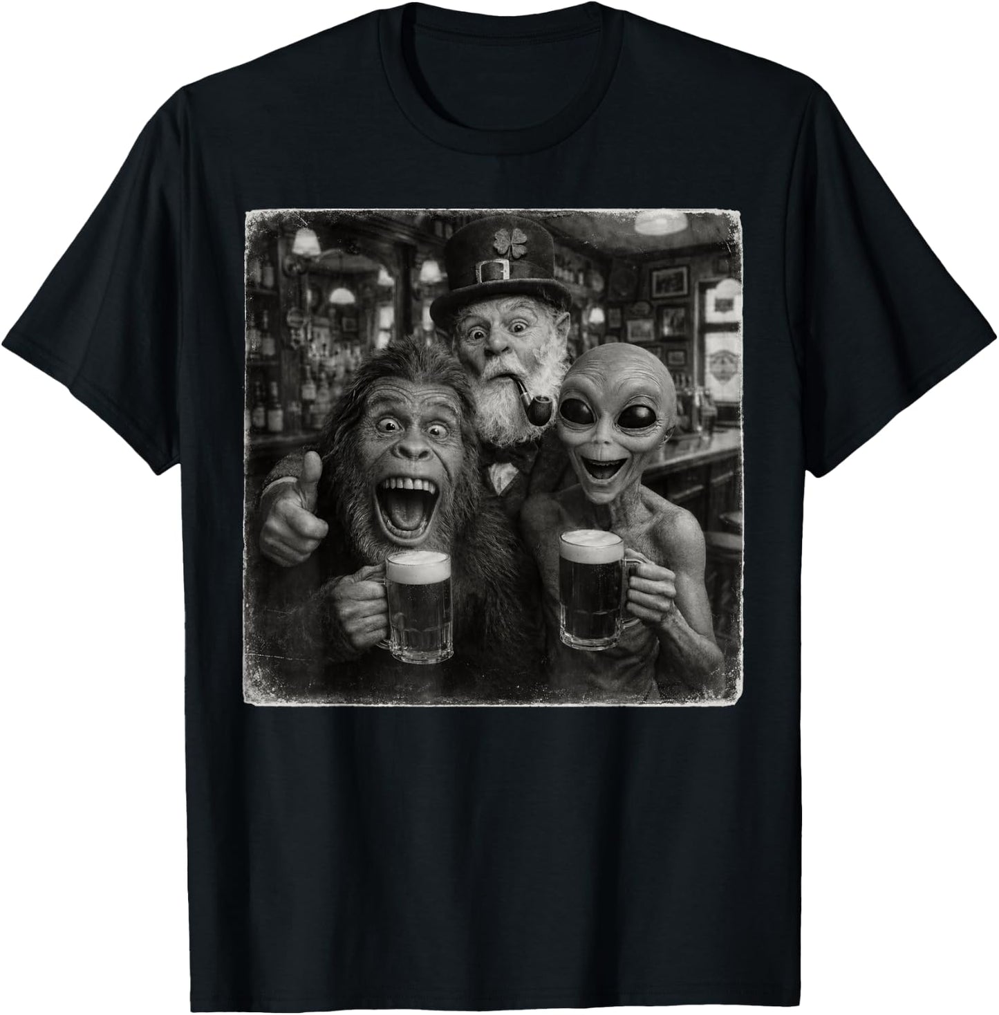 Alien Bigfoot Leprechaun Funny Selfie Squad Memes st Patrick T-Shirt - T-Shirt | Black
