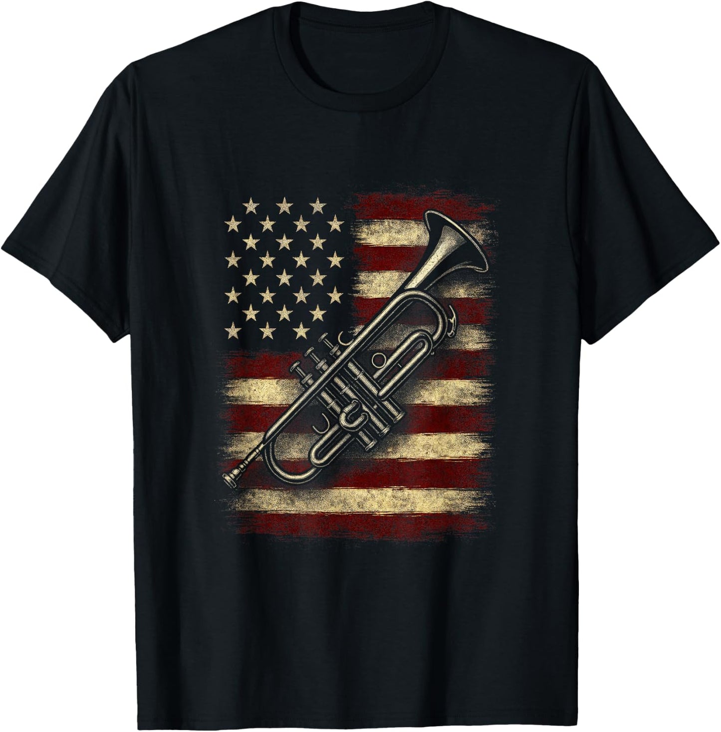 USA Flag with Brass Instrument - Retro American Music T-Shirt - T-Shirt | Black