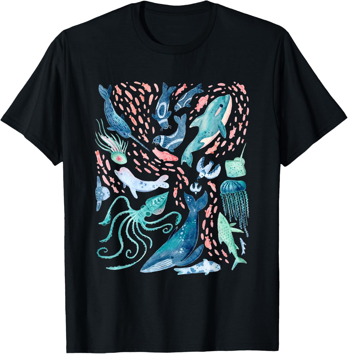 Watercolor Arctic Whales Fish Beluga Narwhal Squid Jellyfish T-Shirt - T-Shirt | Black