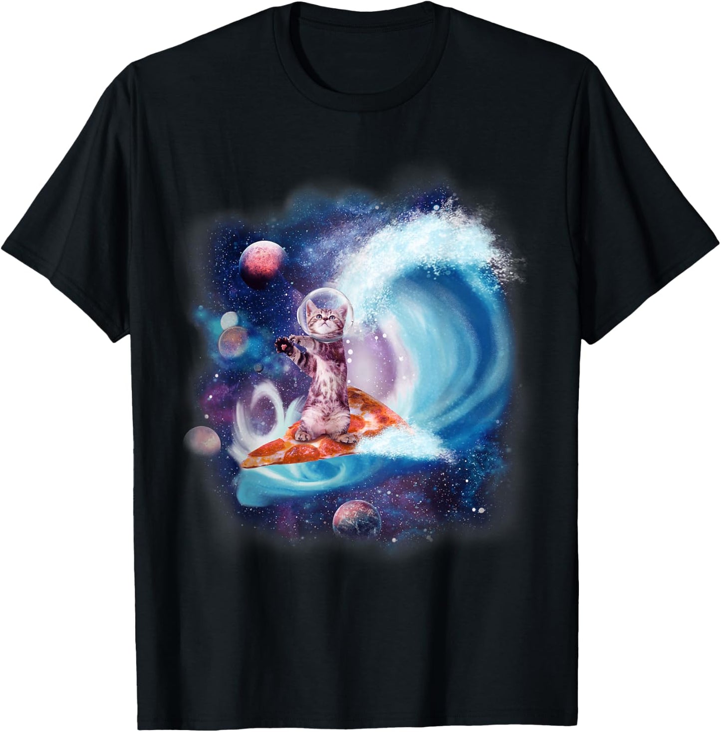 Cat Wearing Helmet Surfing On Pizza Surfboard Funny Men Women Kids T-Shirt - T-Shirt | Black