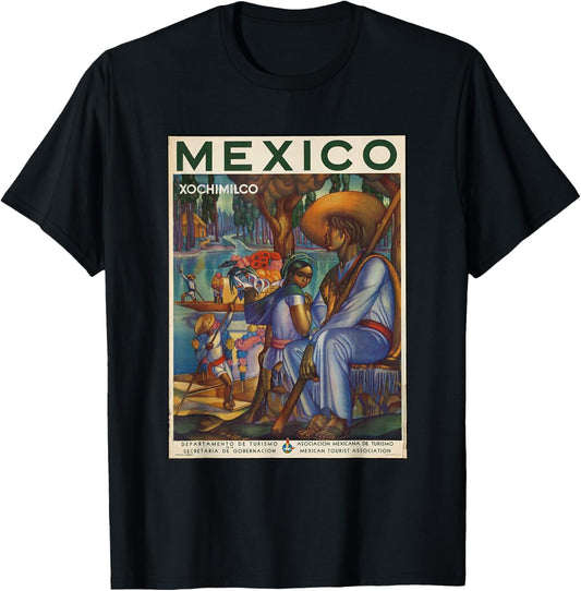 Mexico Retro Vintage Xochimilco Mexican Life Print T-Shirt - T-Shirt | Black