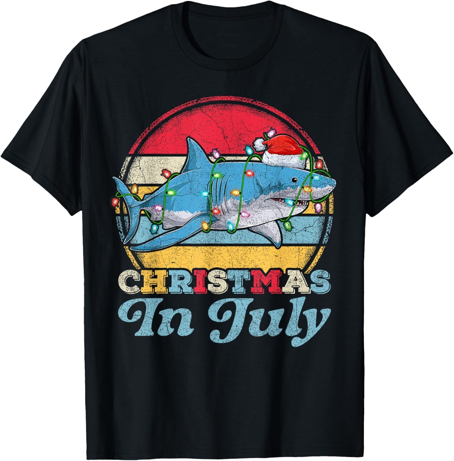 Lighting Shark Lover Vintage Retro Shark Christmas In July T-Shirt - T-Shirt | Black