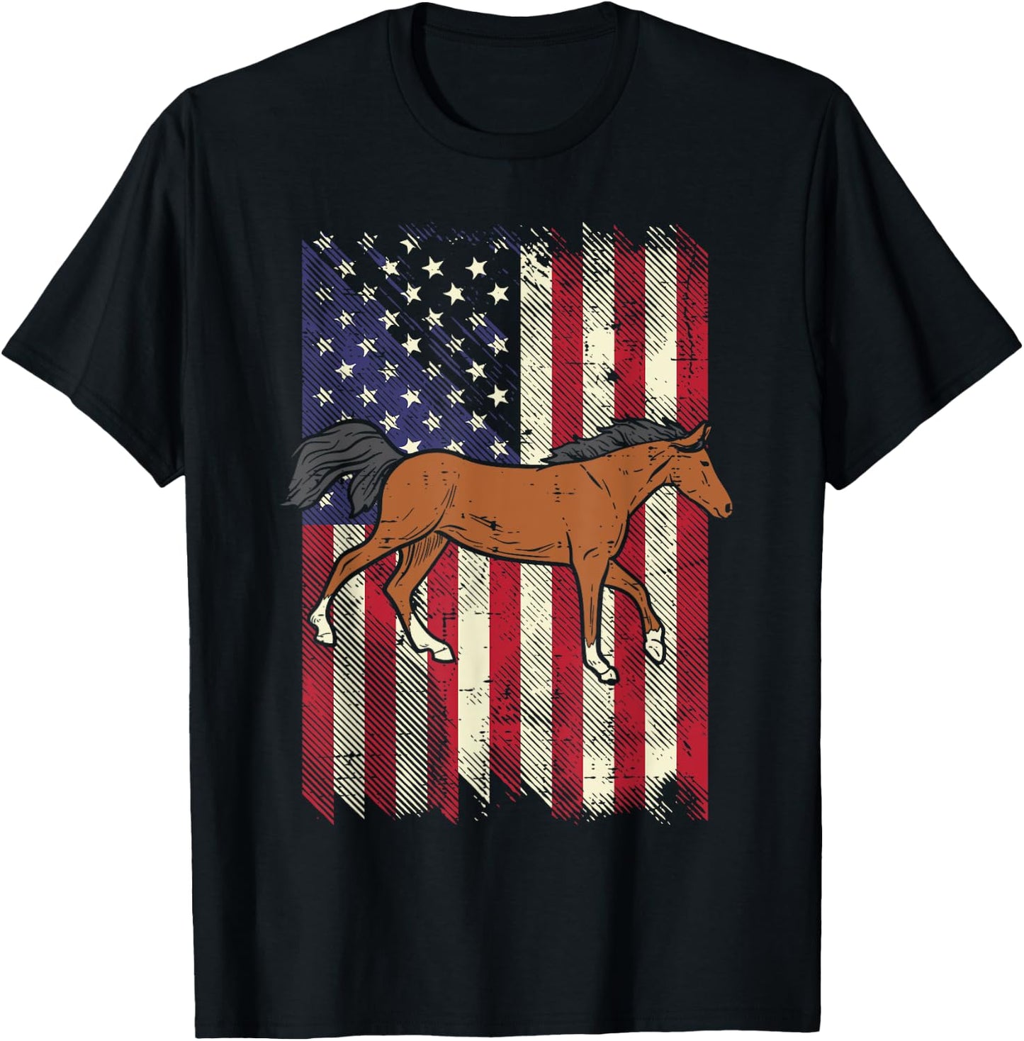 American Flag Horse Vintage Patriotic Equestrian Men Women T-Shirt - T-Shirt | Black