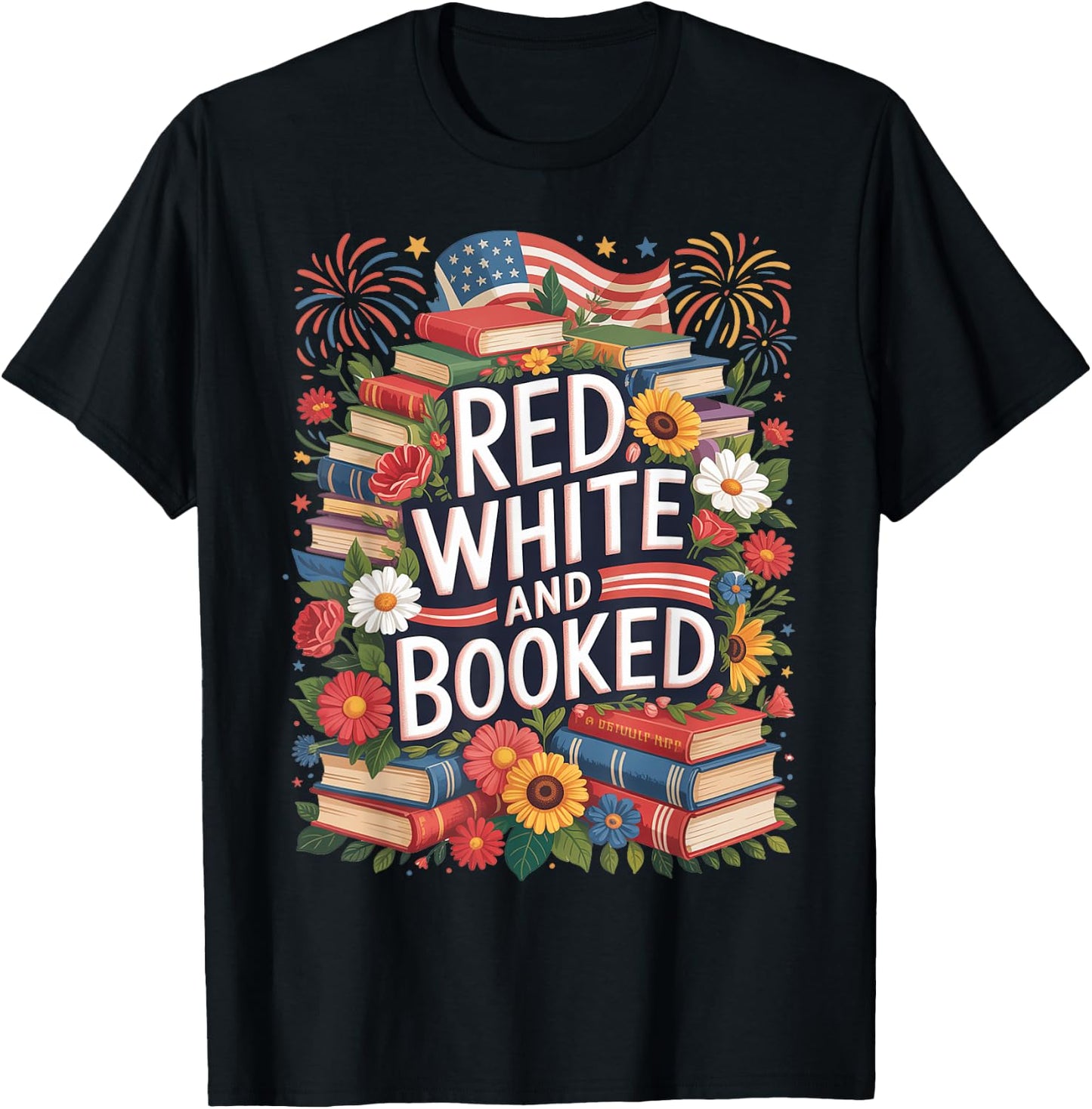 Retro Floral Red White & Booked Library Reading 4th Of July T-Shirt - T-Shirt | Black