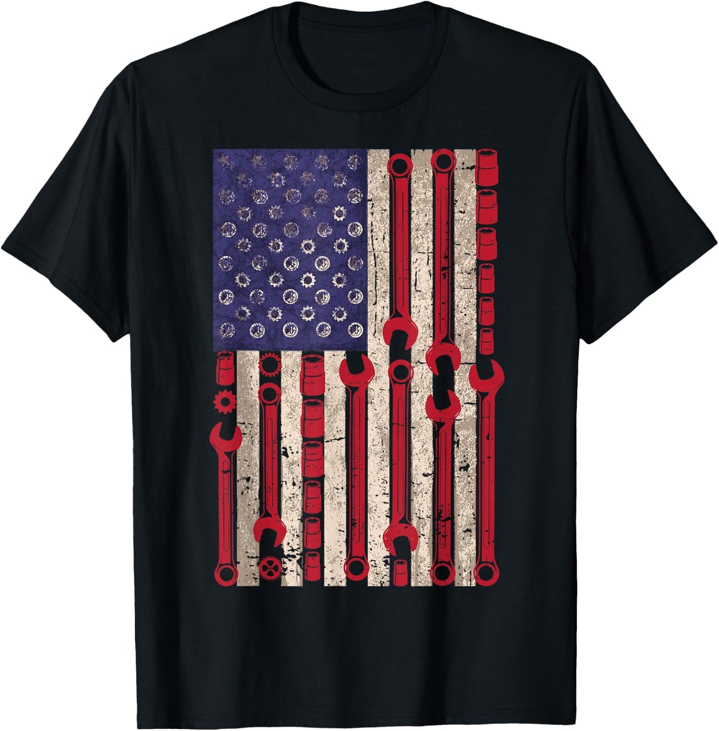 USA Flag Wrench Tools 4th of July Patriotic Mechanic T-Shirt - T-Shirt | Black