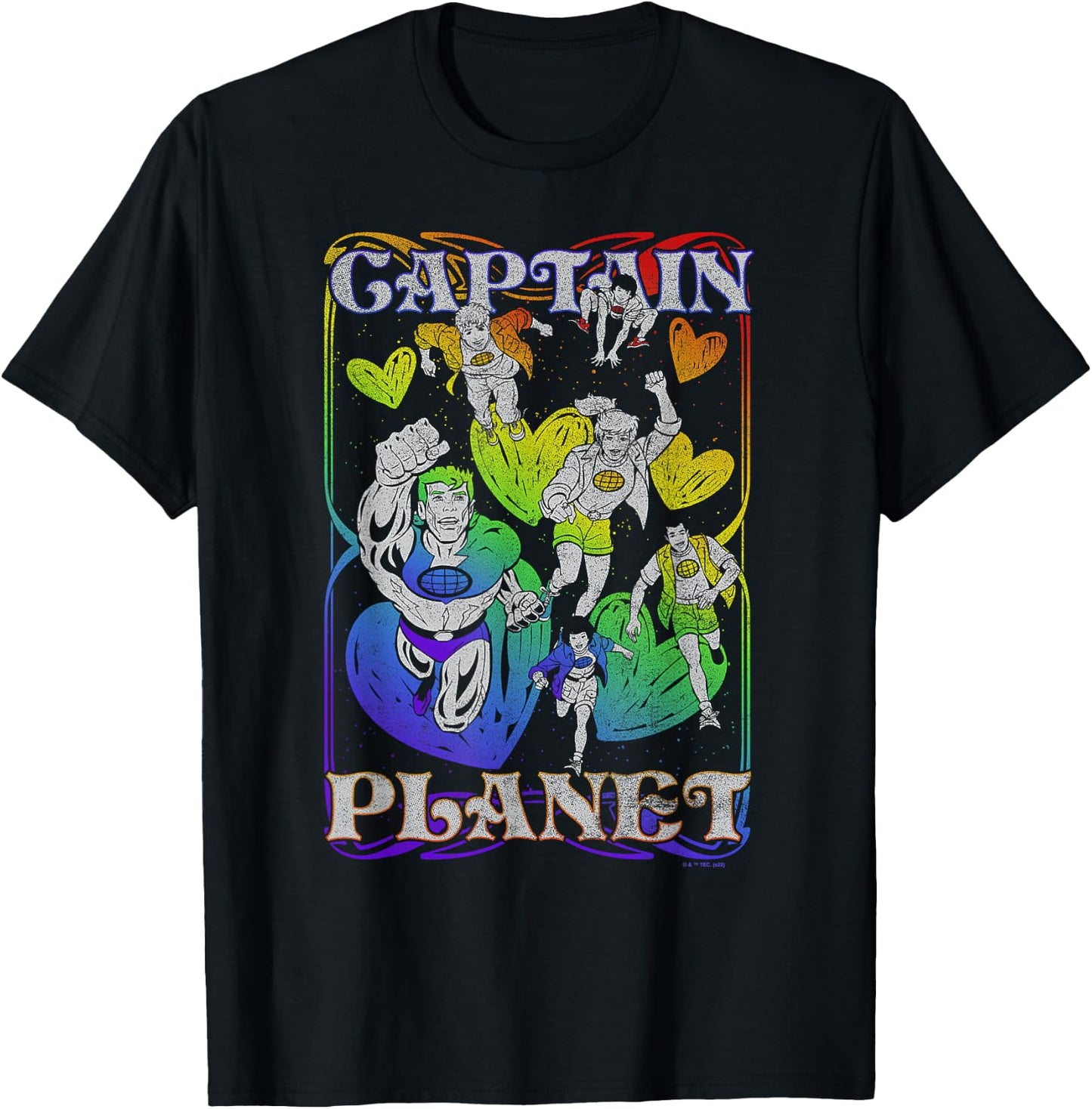 Captain Planet Vintage Rainbow Hearts Group Poster T-Shirt - T-Shirt | Black