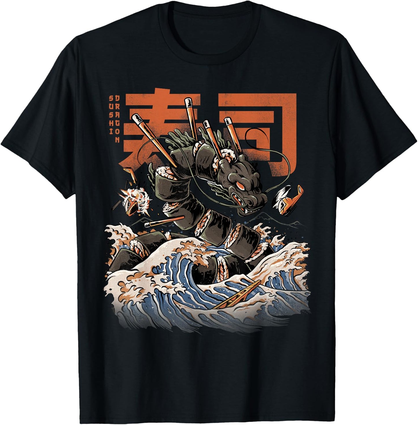 Great Sushi Dragon Japanese Food Kawaii Dragon Anime T-Shirt - T-Shirt | Black