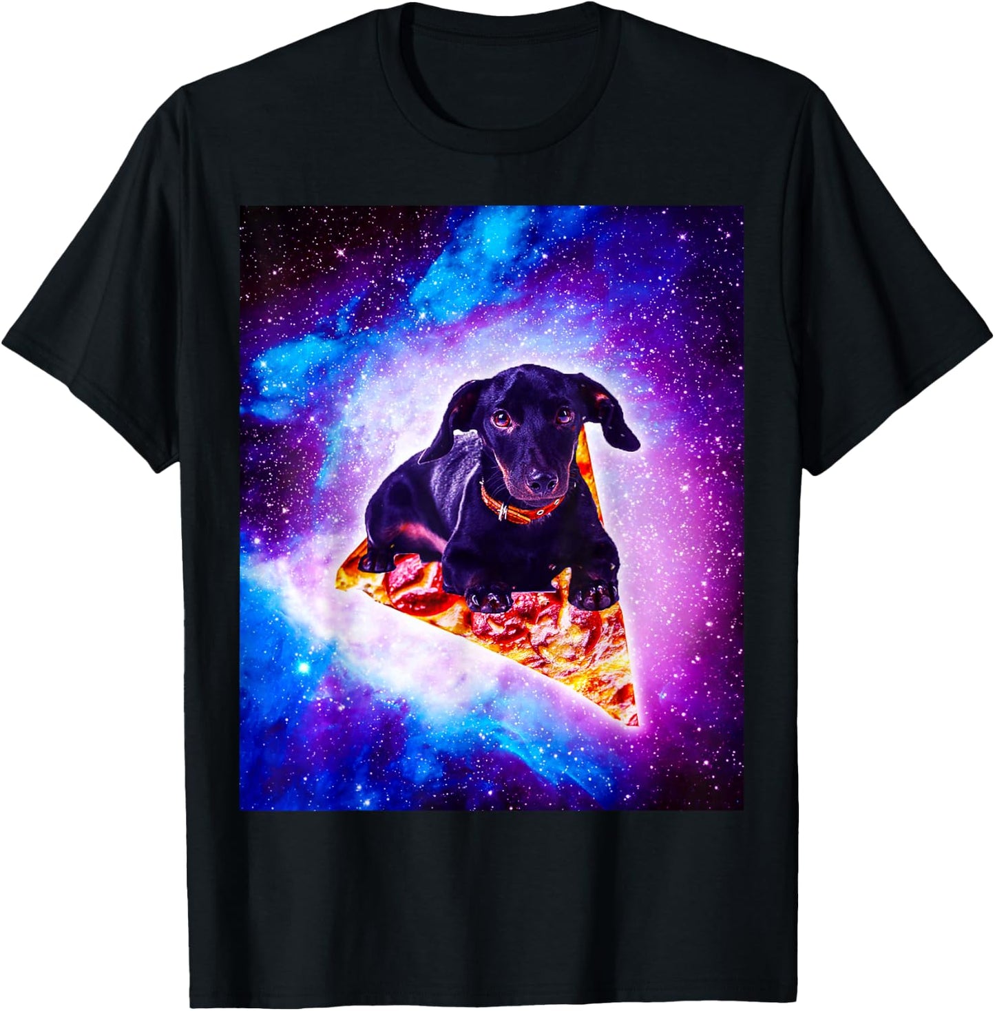 Outer Space Galaxy Dog Riding Pizza T-Shirt - T-Shirt | Black
