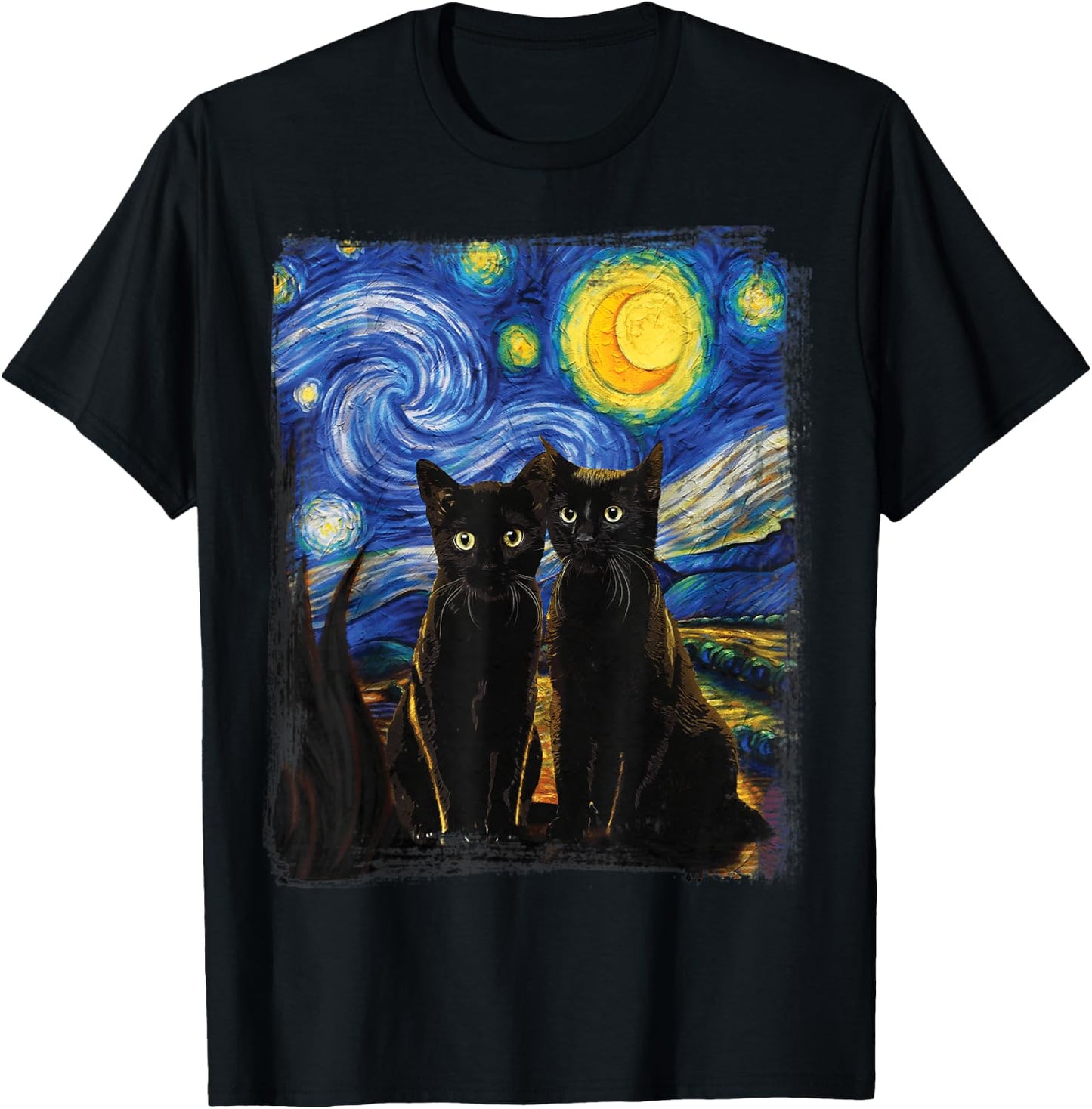 Starry Night Vincent Van Gogh Famous Painting Black Cats T-Shirt - T-Shirt | Black
