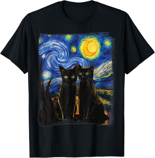 Starry Night Vincent Van Gogh Famous Painting Black Cats T-Shirt - T-Shirt | Black