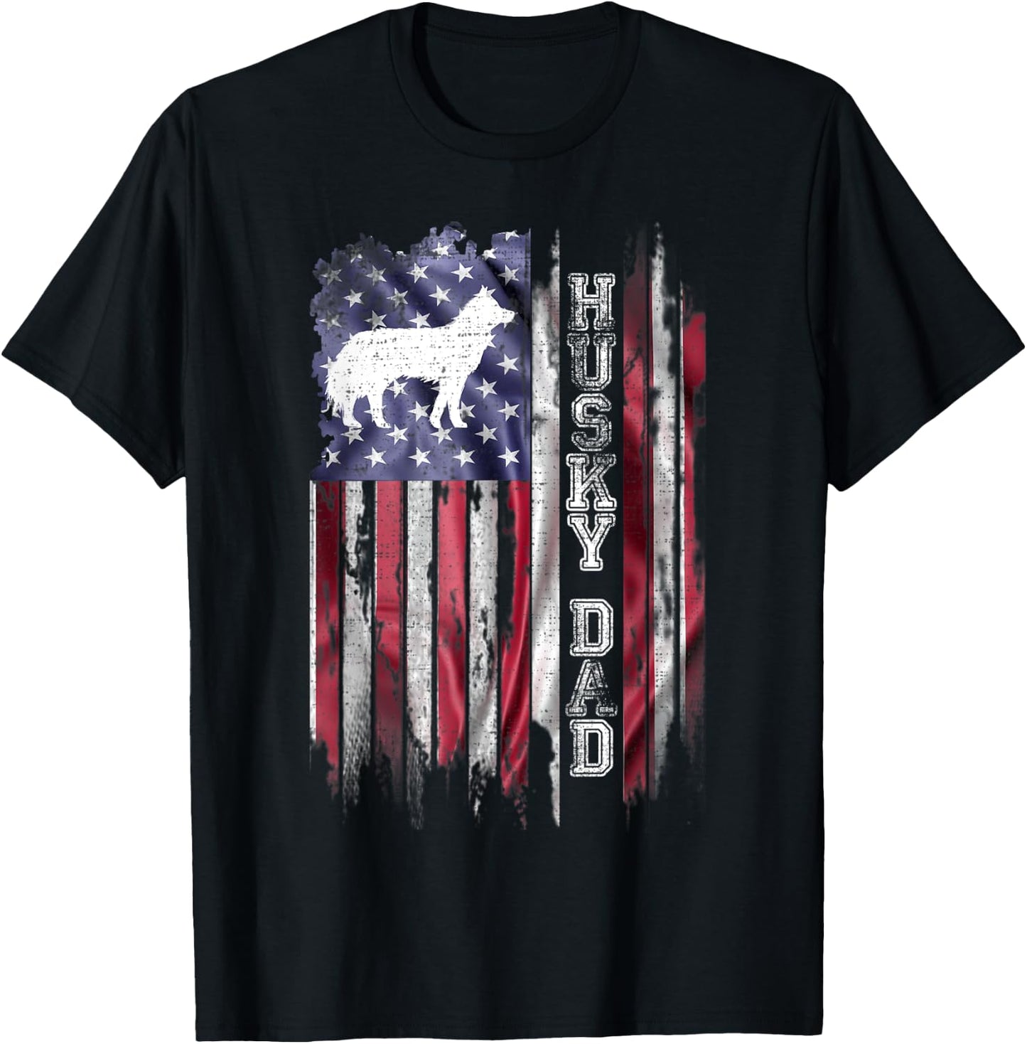 Vintage USA Flag Proud Siberian Husky Dog Dad Silhouette T-Shirt - T-Shirt | Black
