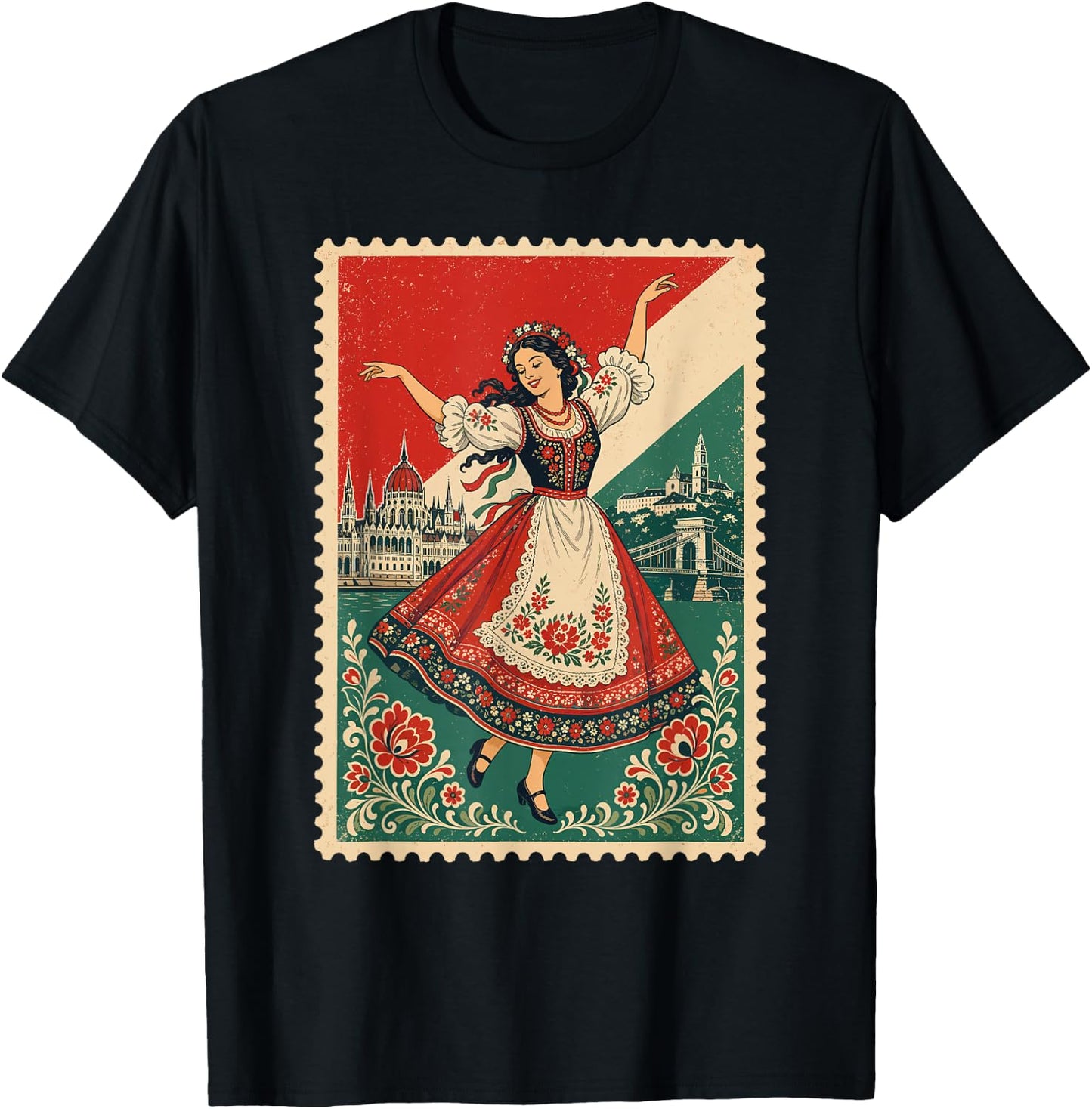 Vintage Hungary Flag Stamp Hungarian Folk Dancer Design T-Shirt - T-Shirt | Black
