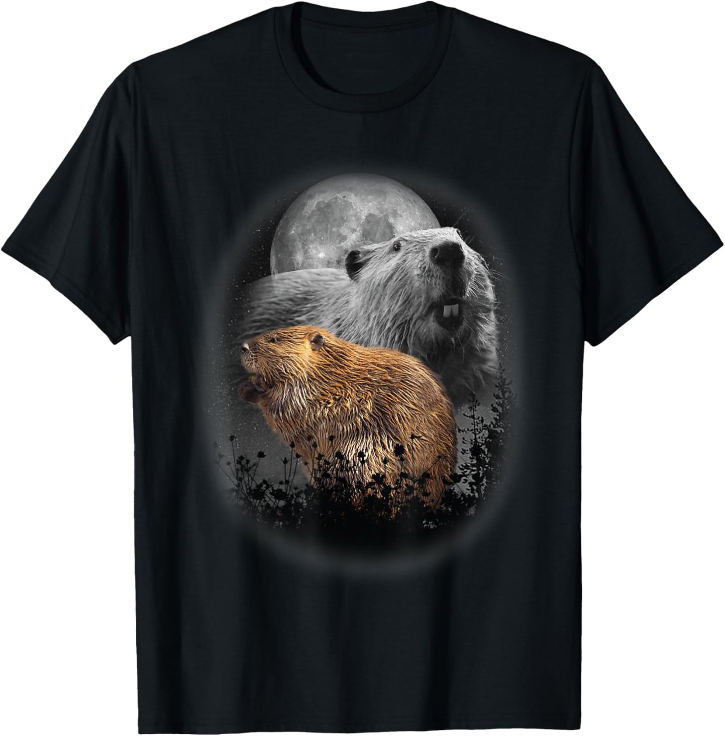 Beaver Illustration Moon Beaver Lovers T-Shirt - T-Shirt | Black