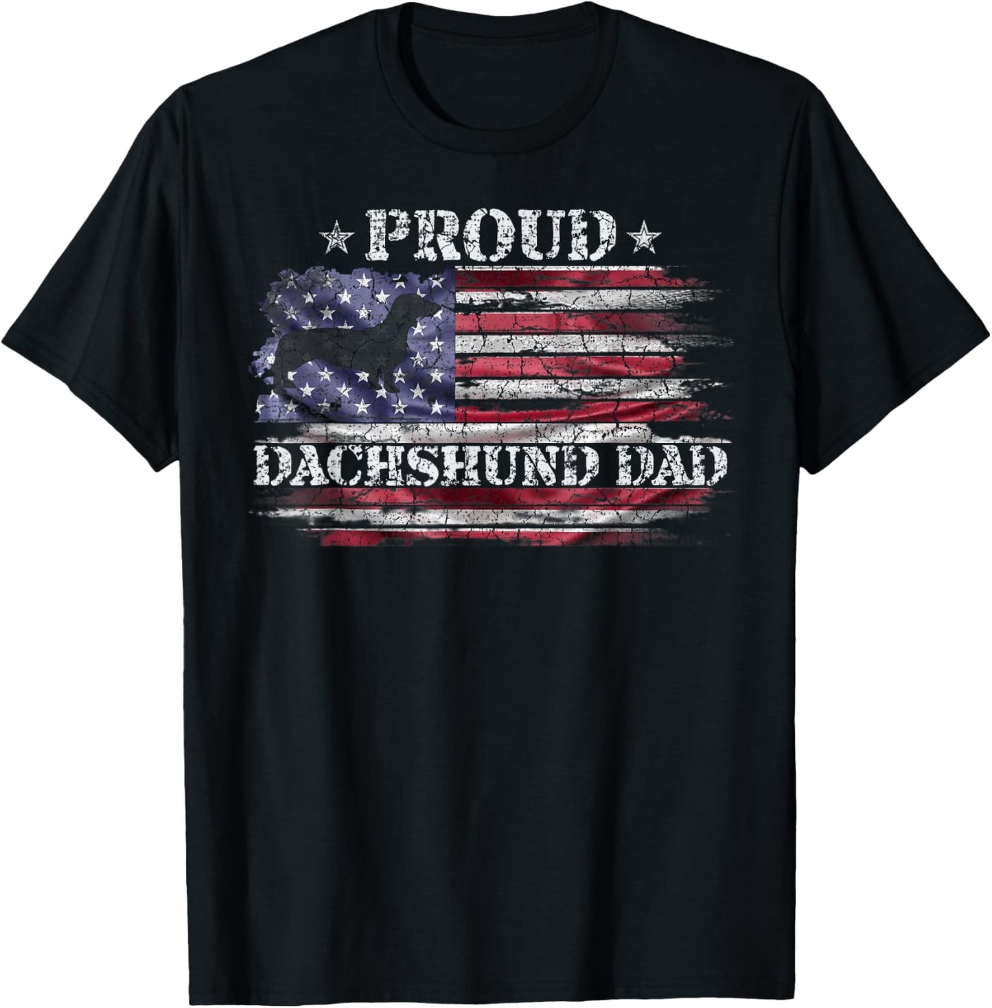 Vintage USA American Flag Dachshund Dog Dad Doxie Silhouette T-Shirt - T-Shirt | Black