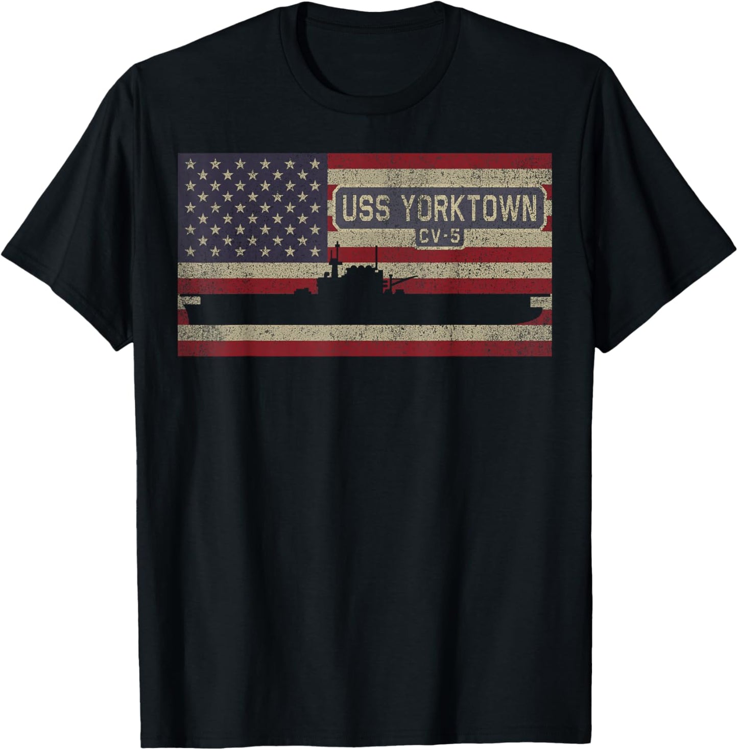 USS Yorktown CV-5 WW2 Aircraft Carrier USA American Flag T-Shirt - T-Shirt | Black
