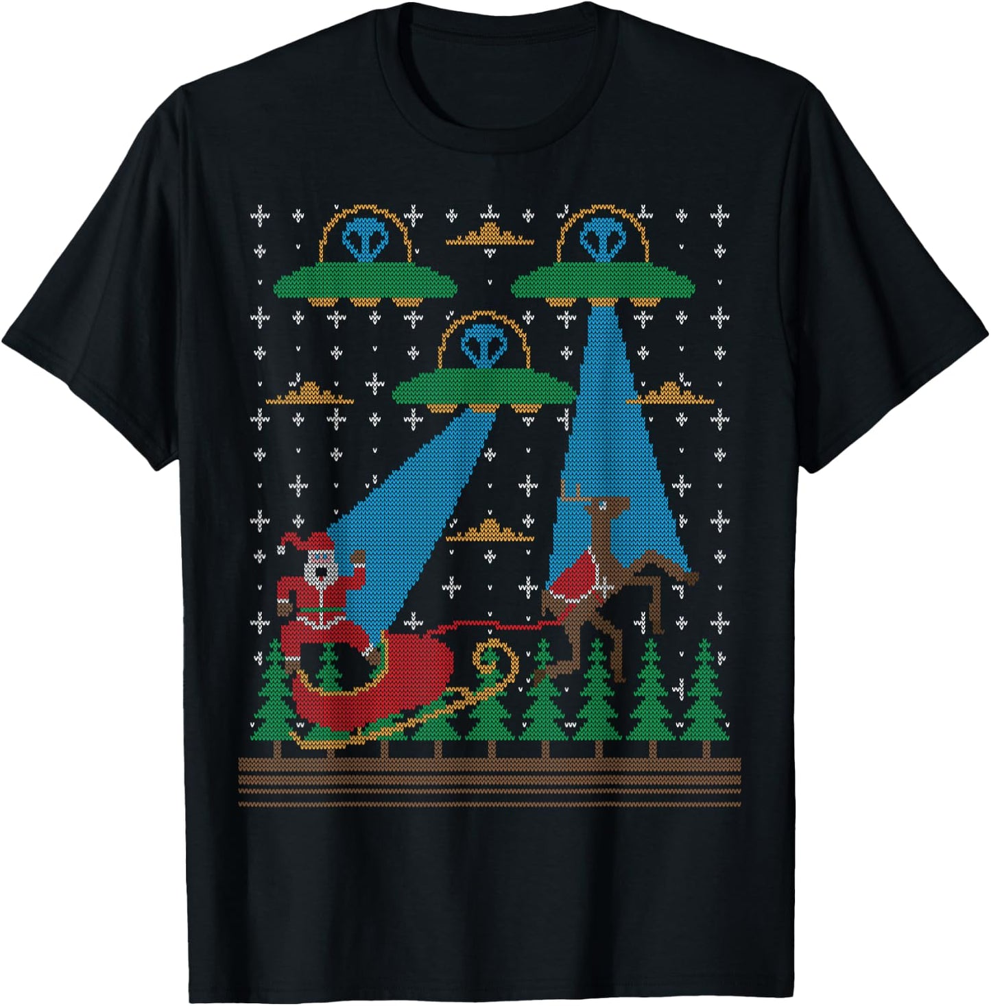Santa Claus Alien Invasion Space UFO Ugly Christmas Sweater T-Shirt - T-Shirt | Black