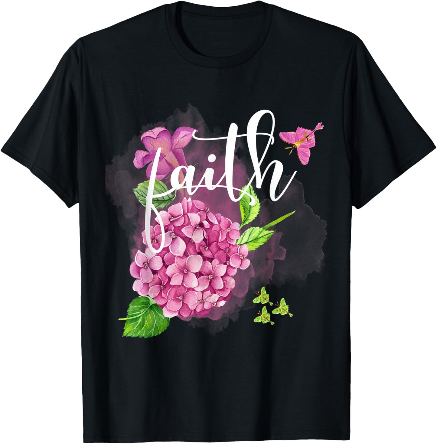 Faith Floral Pretty Hydrangea With Butterfly's Christian T-Shirt - T-Shirt | Black