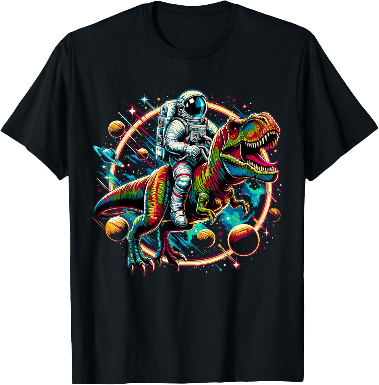 Astronaut Riding T-Rex Dinosaur Astro T-Rex Space T-Shirt - T-Shirt | Black