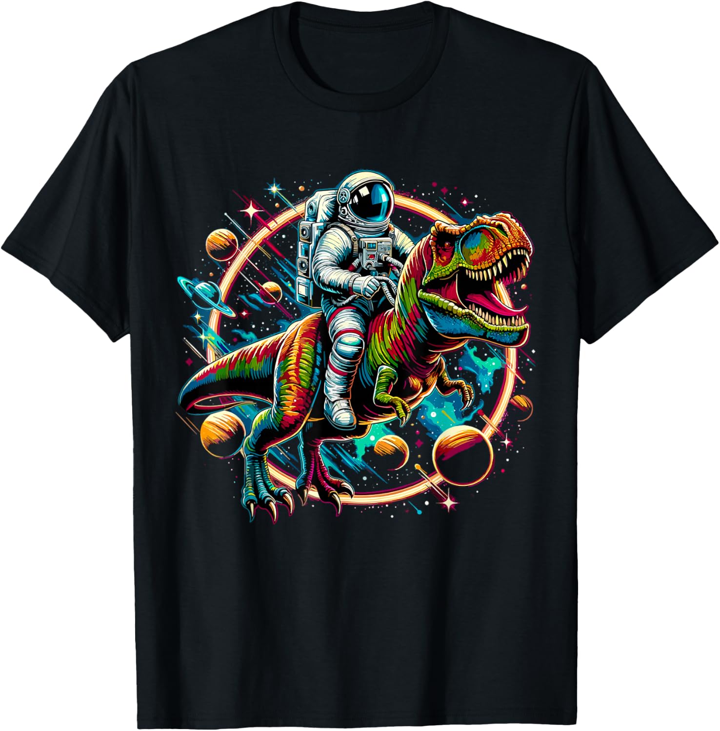 Astronaut Riding T-Rex Dinosaur Astro T-Rex Space T-Shirt - T-Shirt | Black