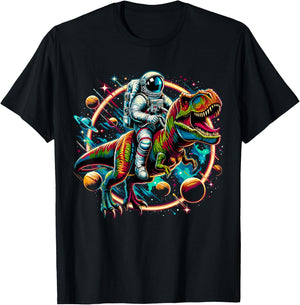 Astronaut Riding T-Rex Dinosaur Astro T-Rex Space T-Shirt - T-Shirt | Black