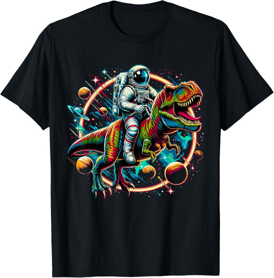 Astronaut Riding T-Rex Dinosaur Astro T-Rex Space T-Shirt - T-Shirt | Black