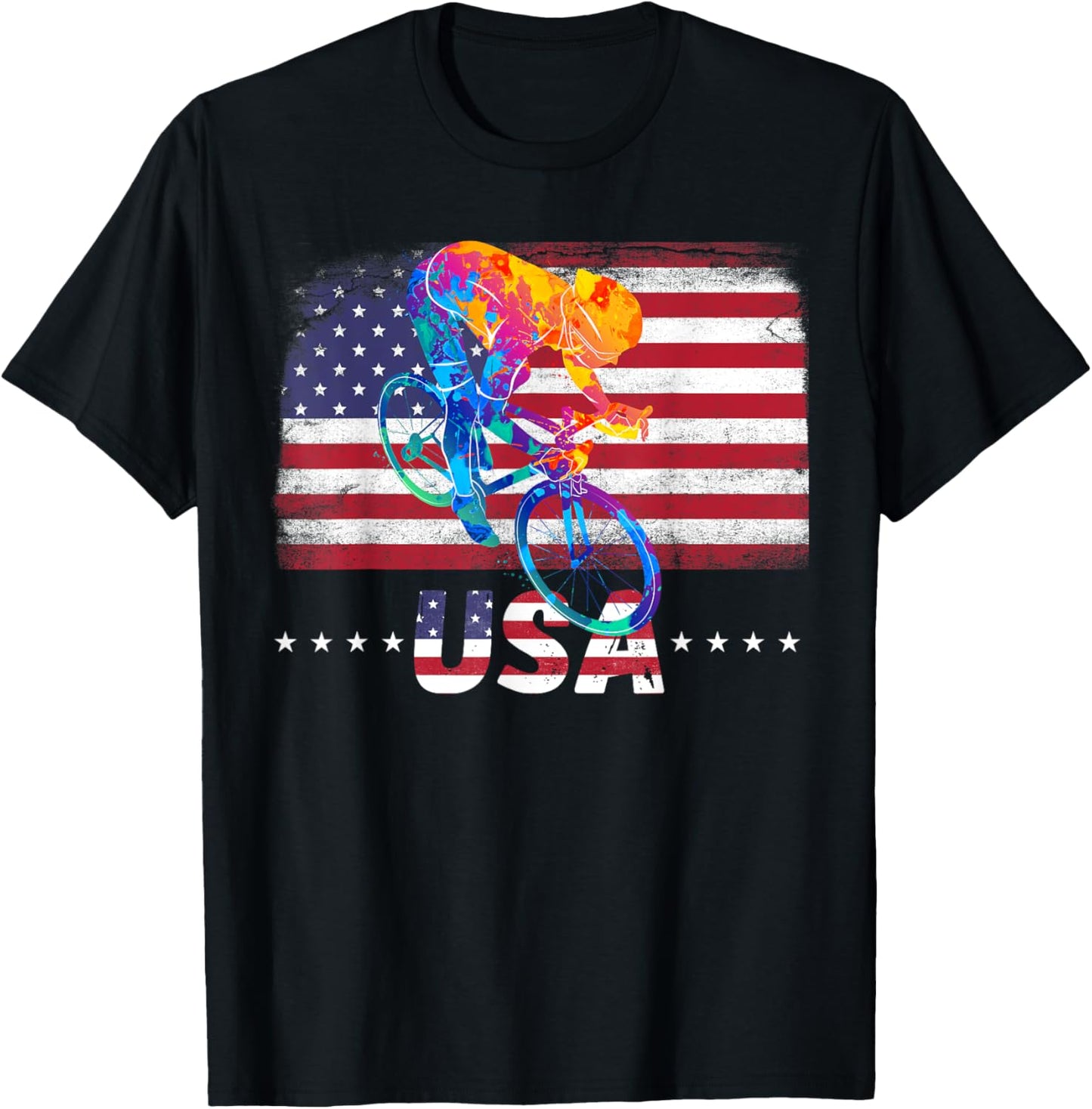 American Flag Cycling abstract colors USA Patriotic Team T-Shirt - T-Shirt | Black