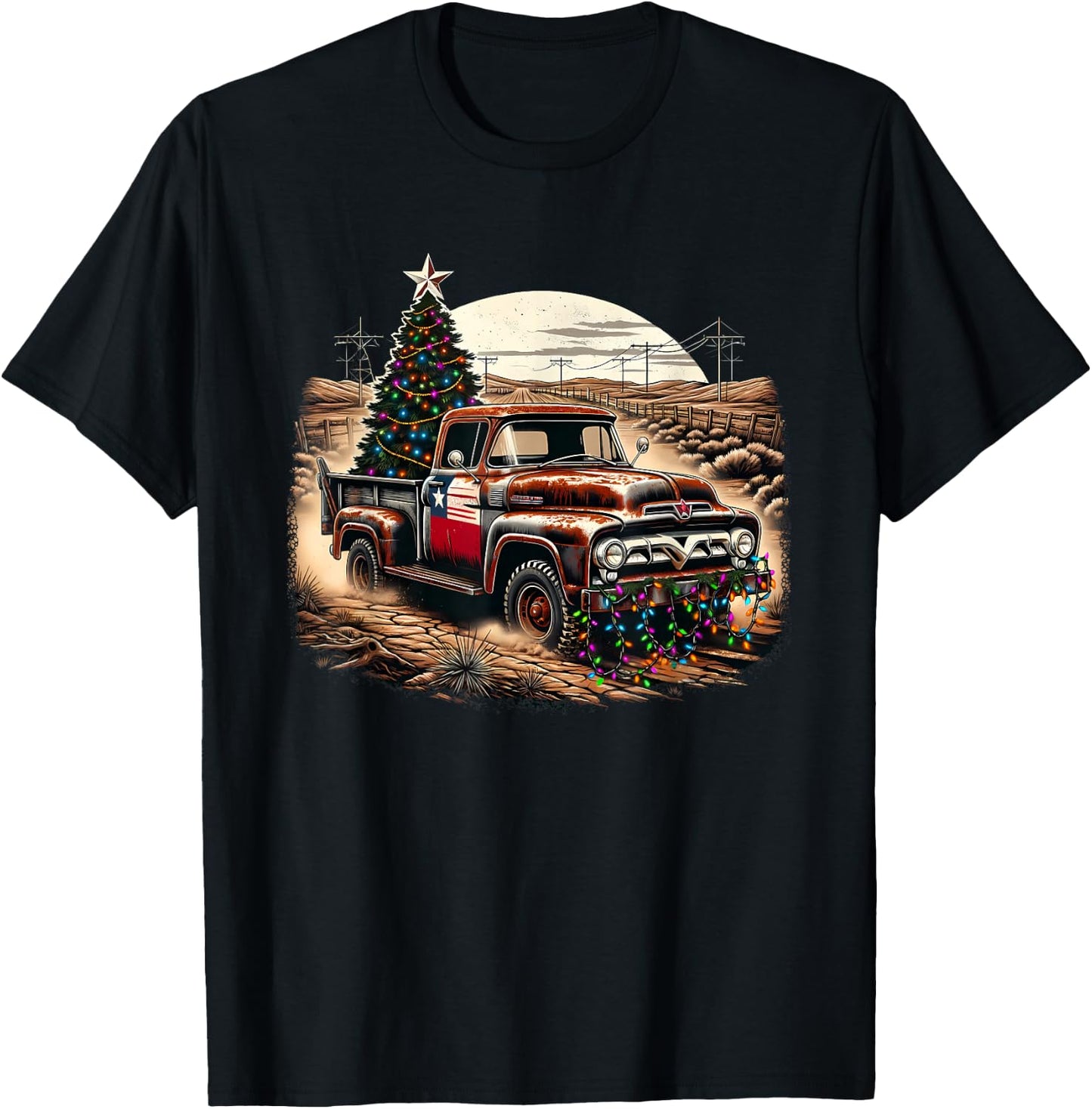 Vintage Christmas Truck - Tree And Fairy Lights T-Shirt - T-Shirt | Black