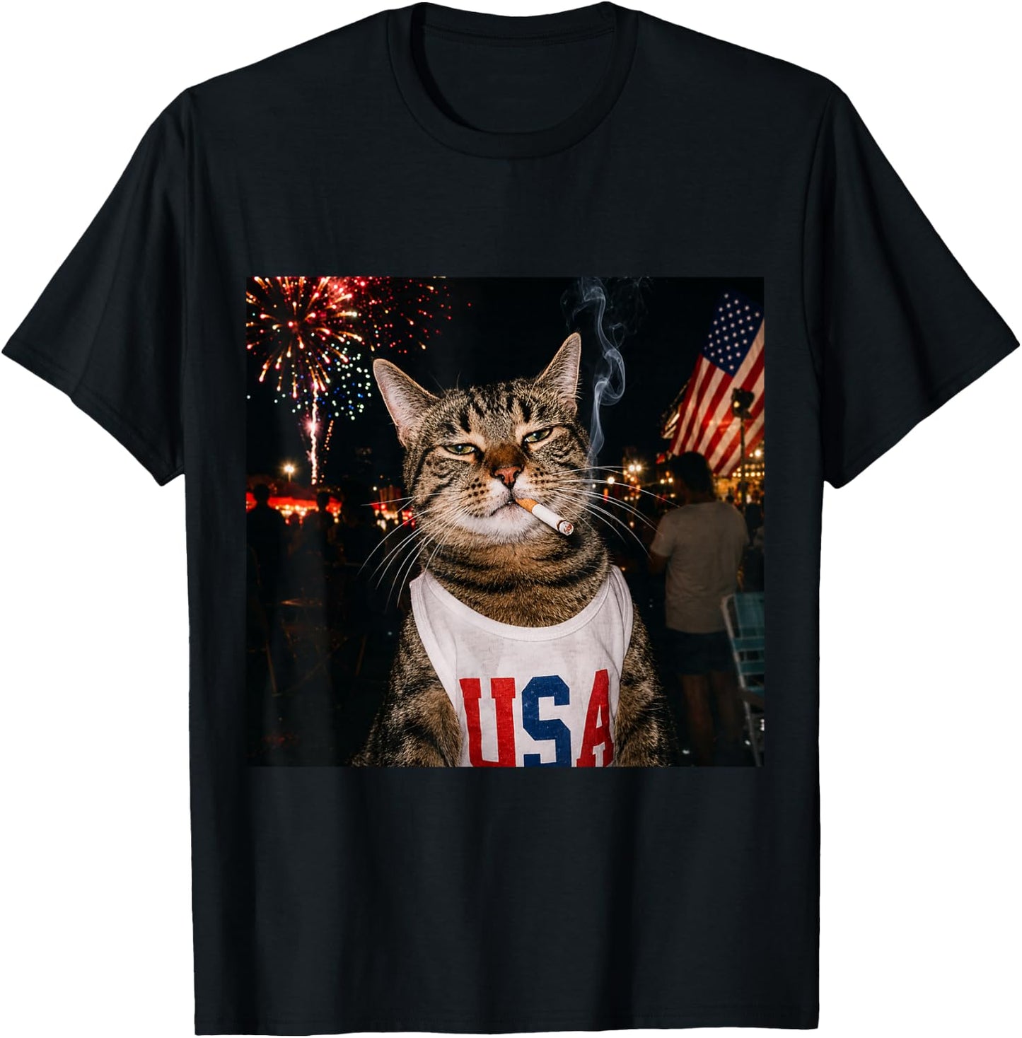 Funny Patriotic Smoking Cat Meme Vintage 4th of July 250 T-Shirt - T-Shirt | Black