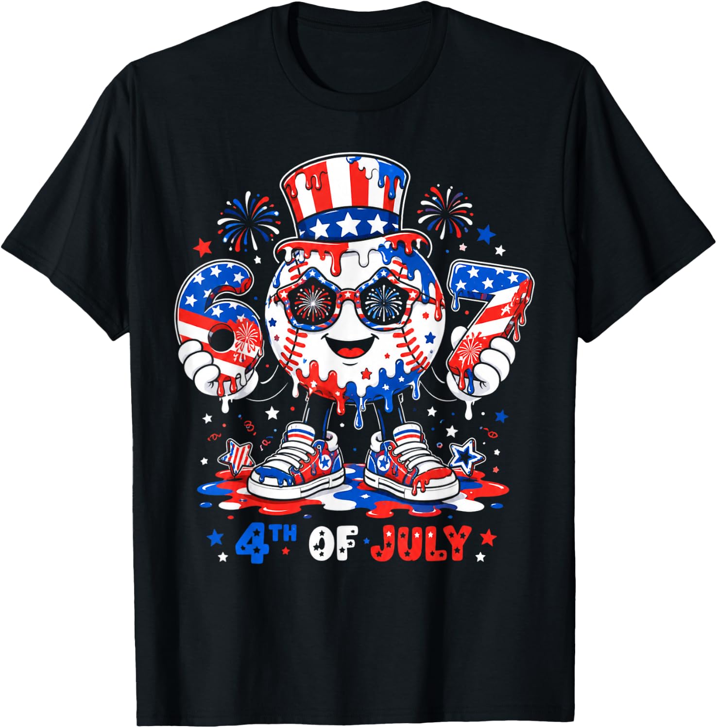 67 Baseball Drip Ice Cream Boys Girls 4th of July American T-Shirt - T-Shirt | Black