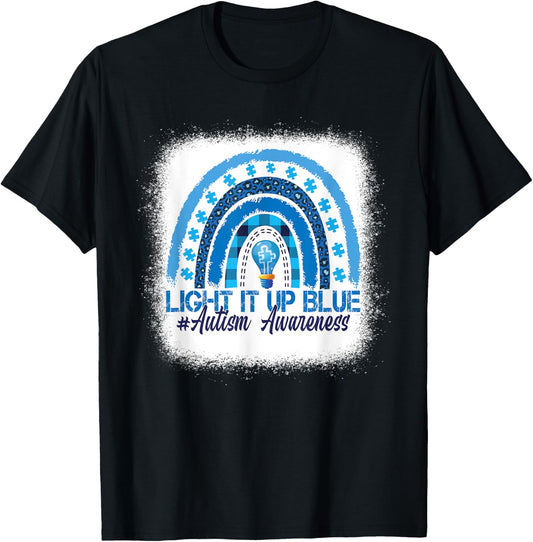 Light It Up Blue Rainbow Bleached Autism Awareness T-Shirt - T-Shirt | Black