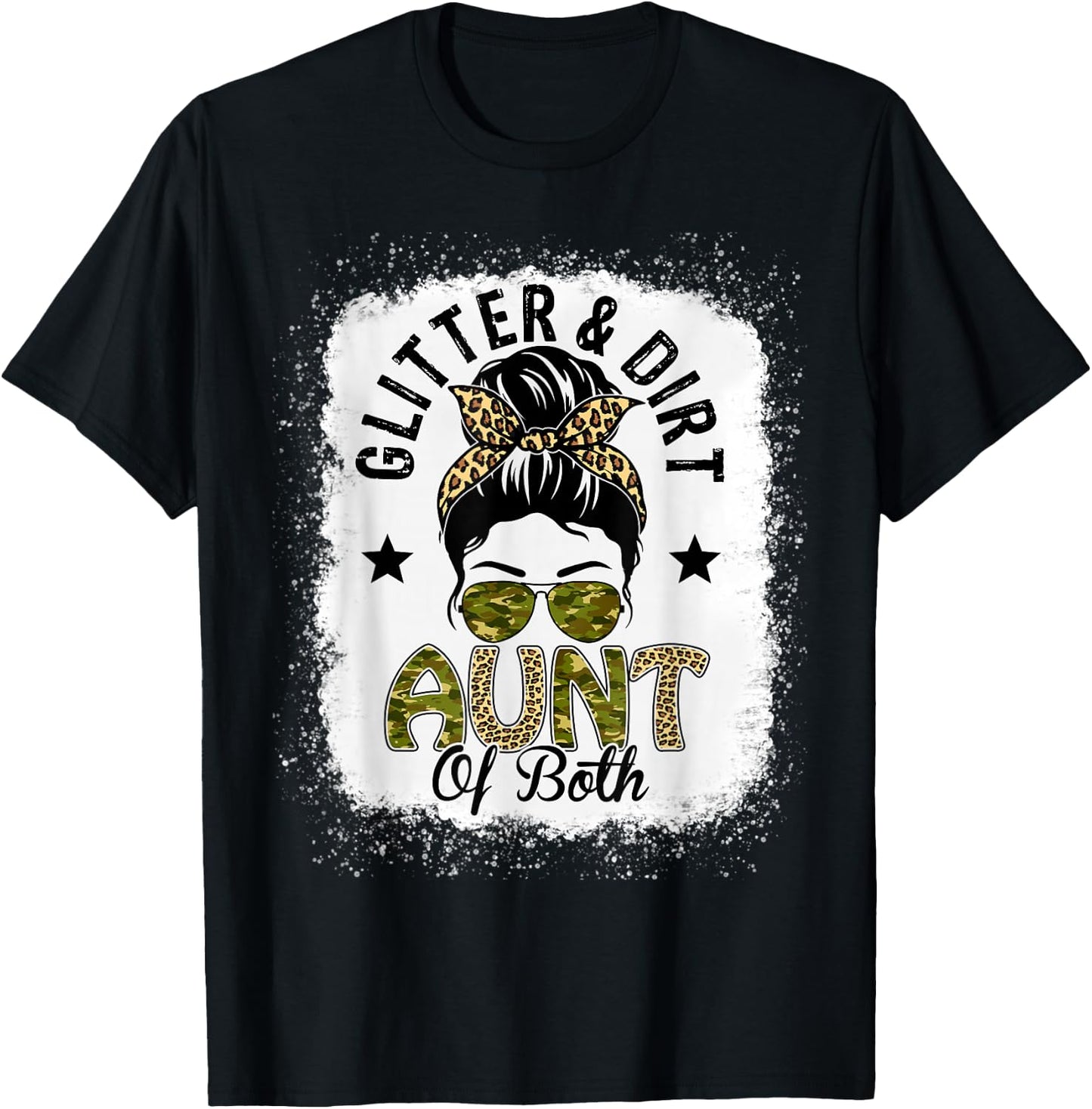 Aunt Of Both Messy Bun Leopard Camo Bleached Mother's Day T-Shirt - T-Shirt | Black