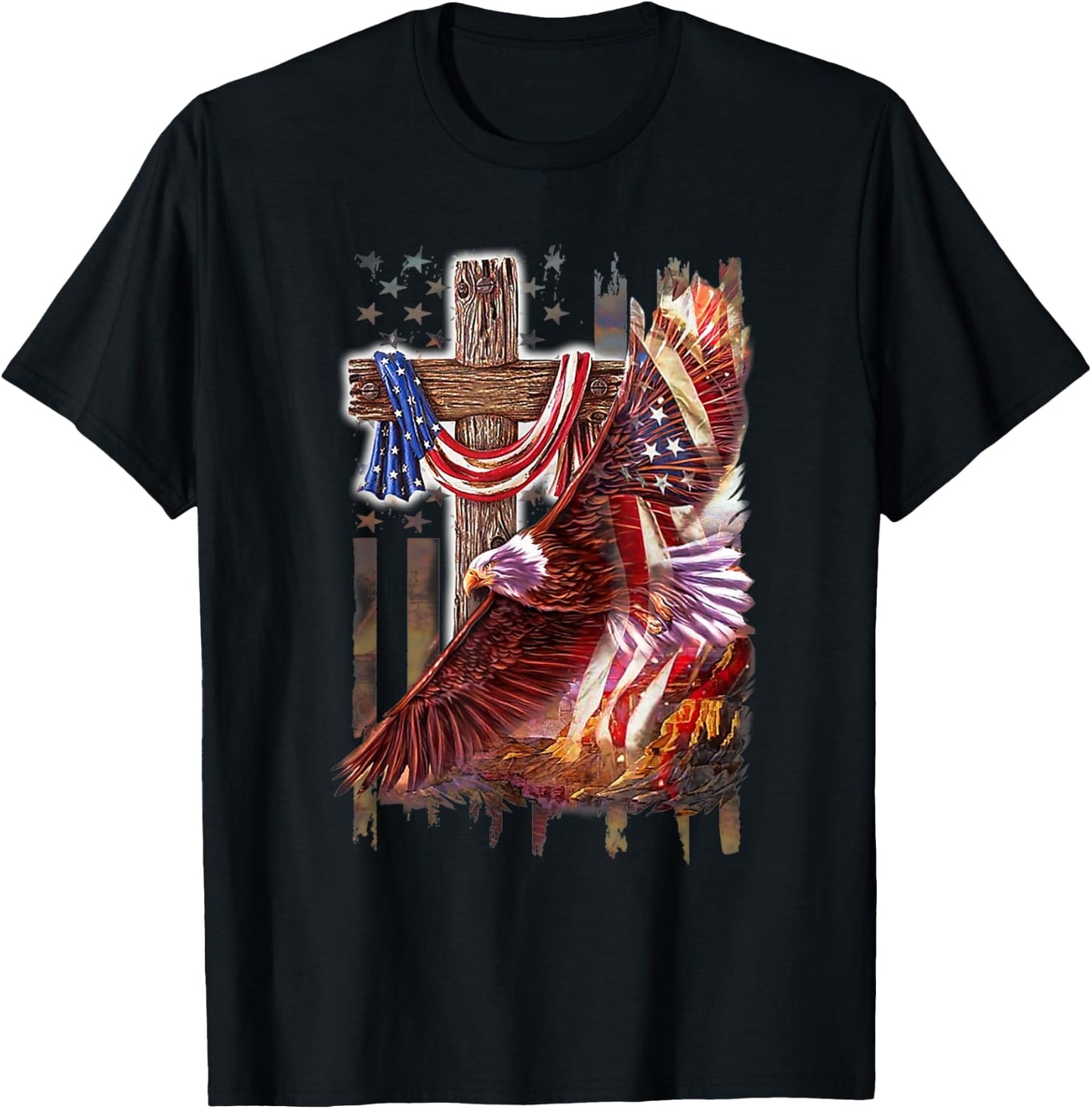 Cross Christian Jesus Eagle Flag American T-Shirt - T-Shirt | Black