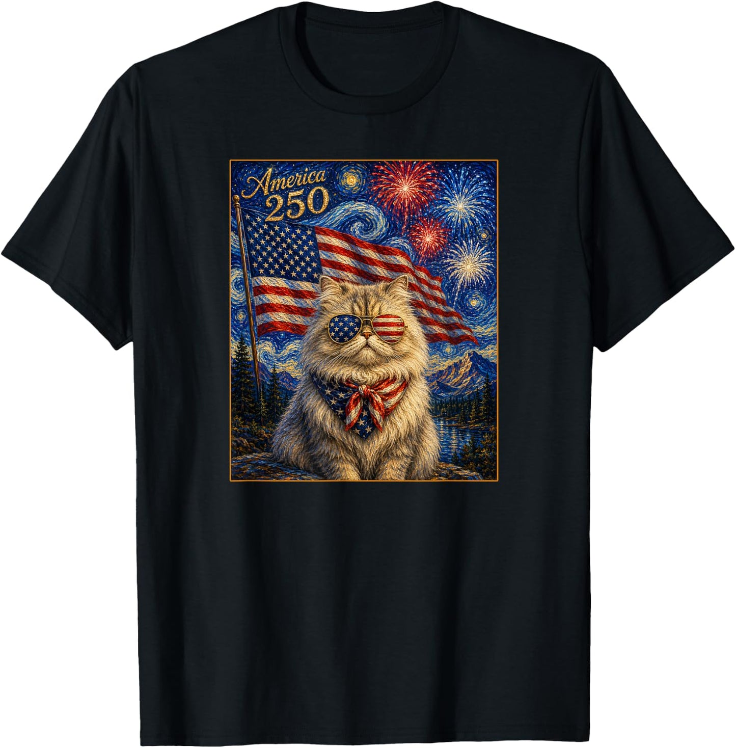 Persian Cat Art America 250 Anniversay 4th of July USA Flag T-Shirt - T-Shirt | Black