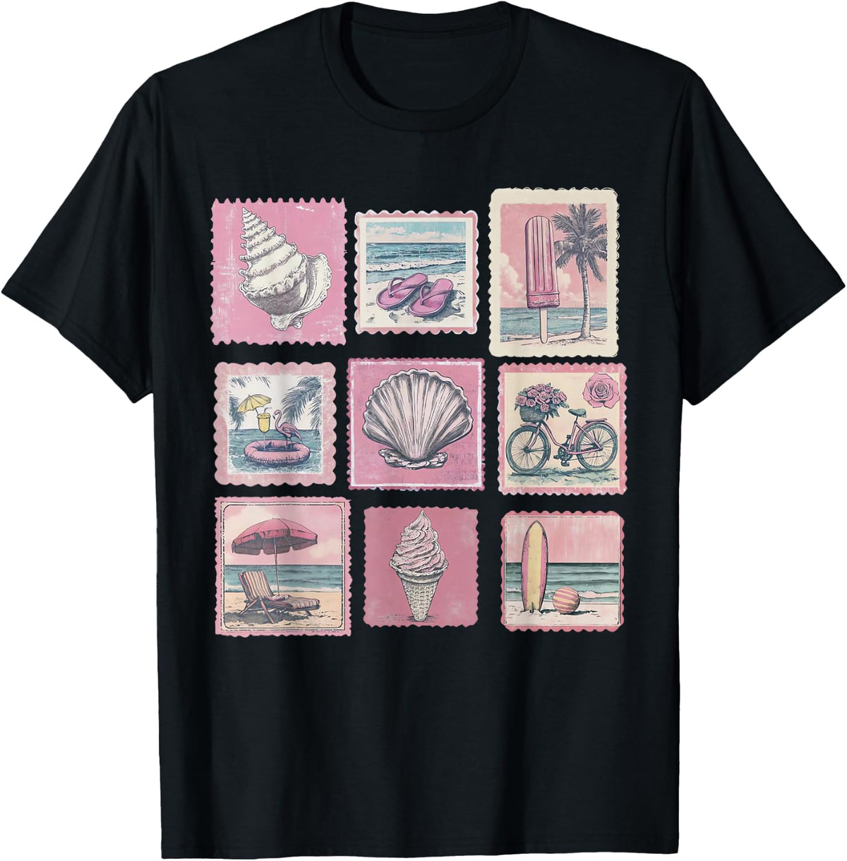 Vintage Pink Coastal Beach Summer Vacation Stamps Sea Lovers T-Shirt - T-Shirt | Black