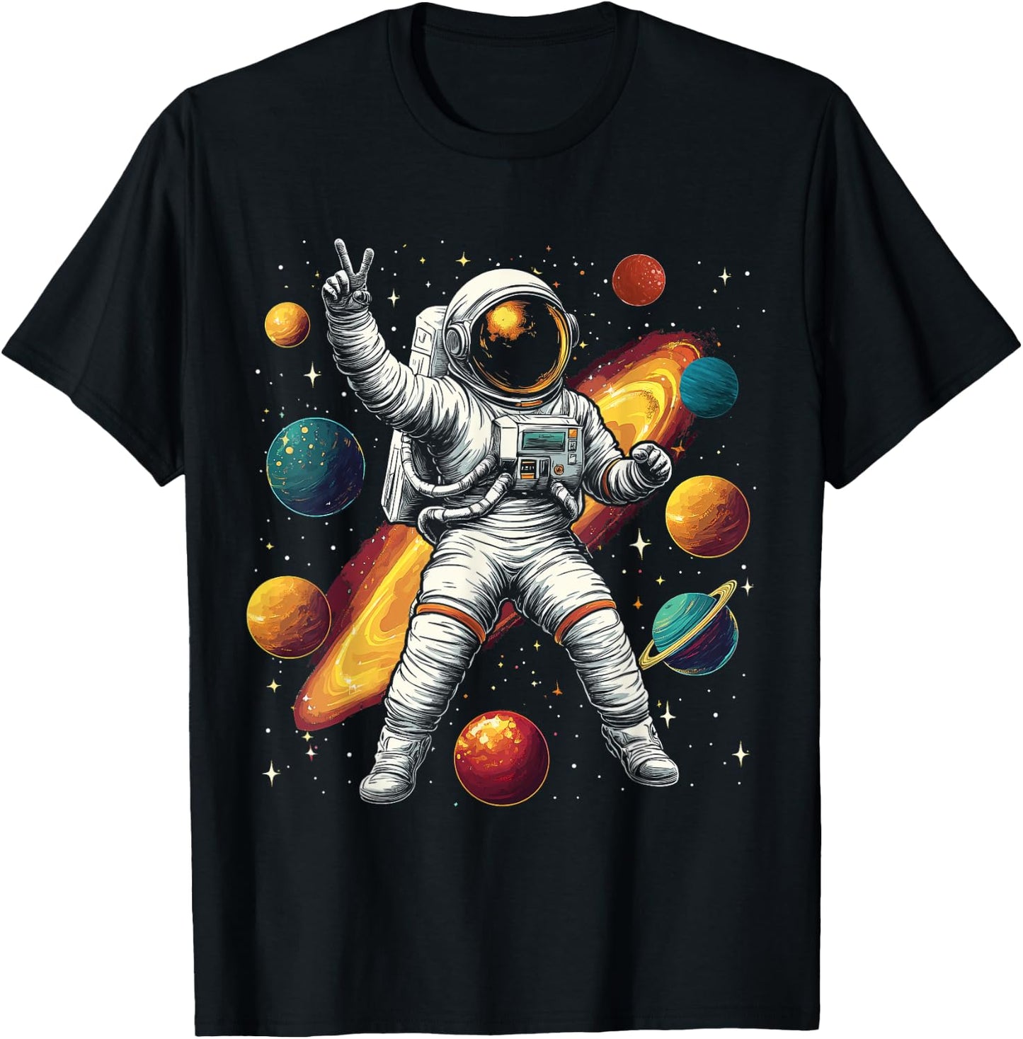 Astronaut Peace Sign Outer Space Cosmic Galaxy Adventure Boy T-Shirt - T-Shirt | Black