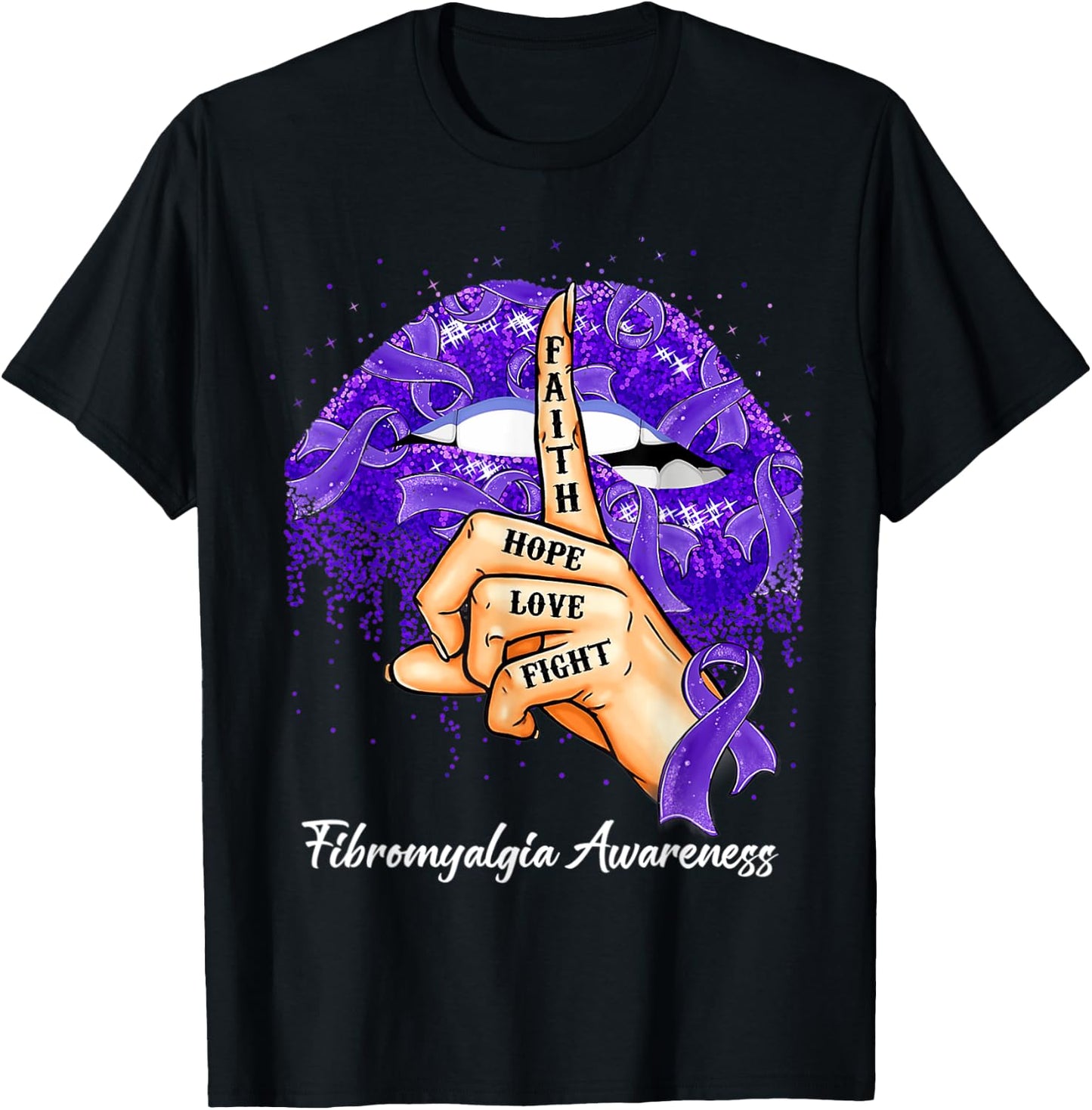 Faith Hope Love Fight Purple Ribbon Fibromyalgia Awareness T-Shirt - T-Shirt | Black