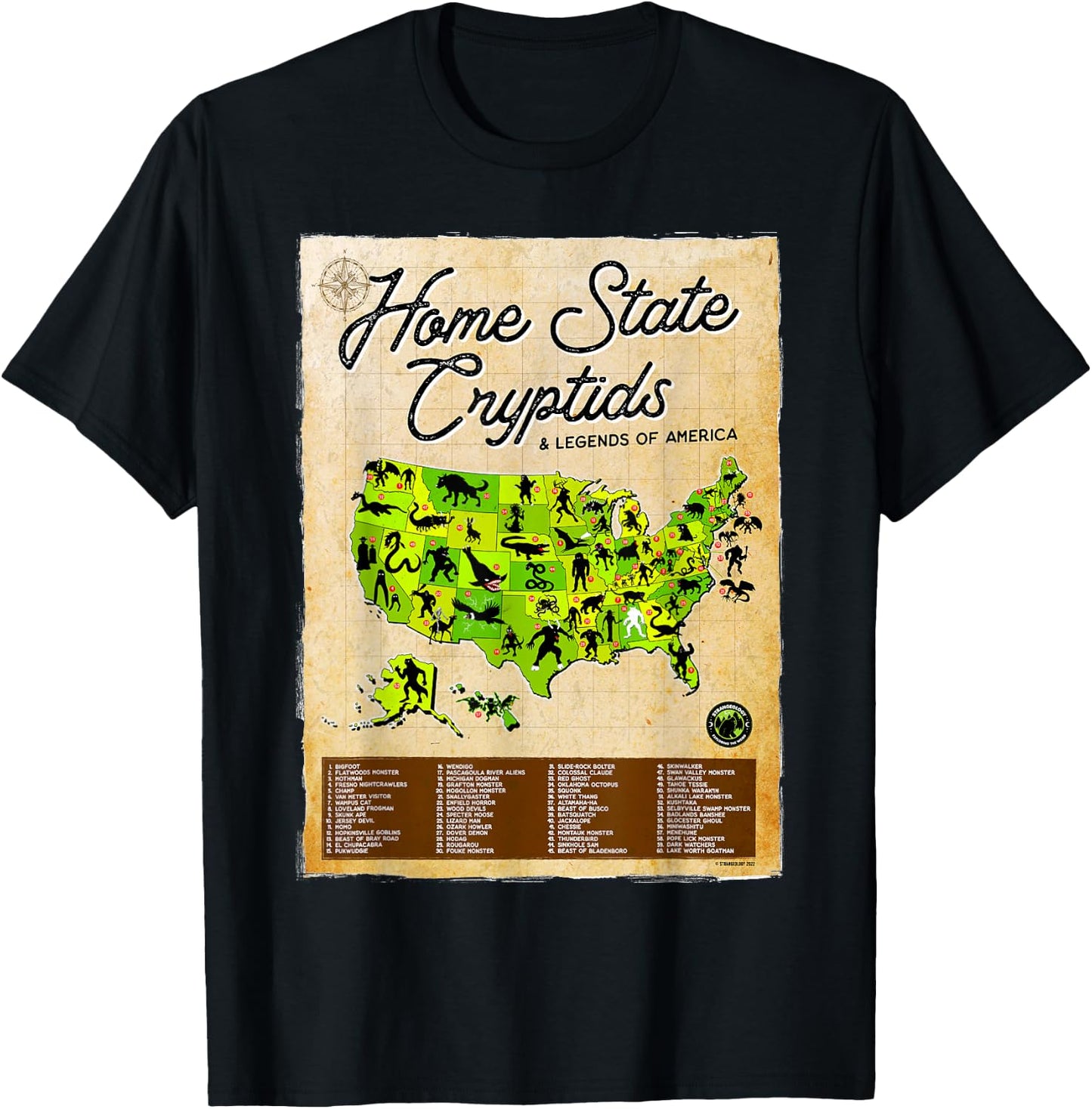 Home State Cryptids & Legends of America Cryptozoology Map T-Shirt - T-Shirt | Black