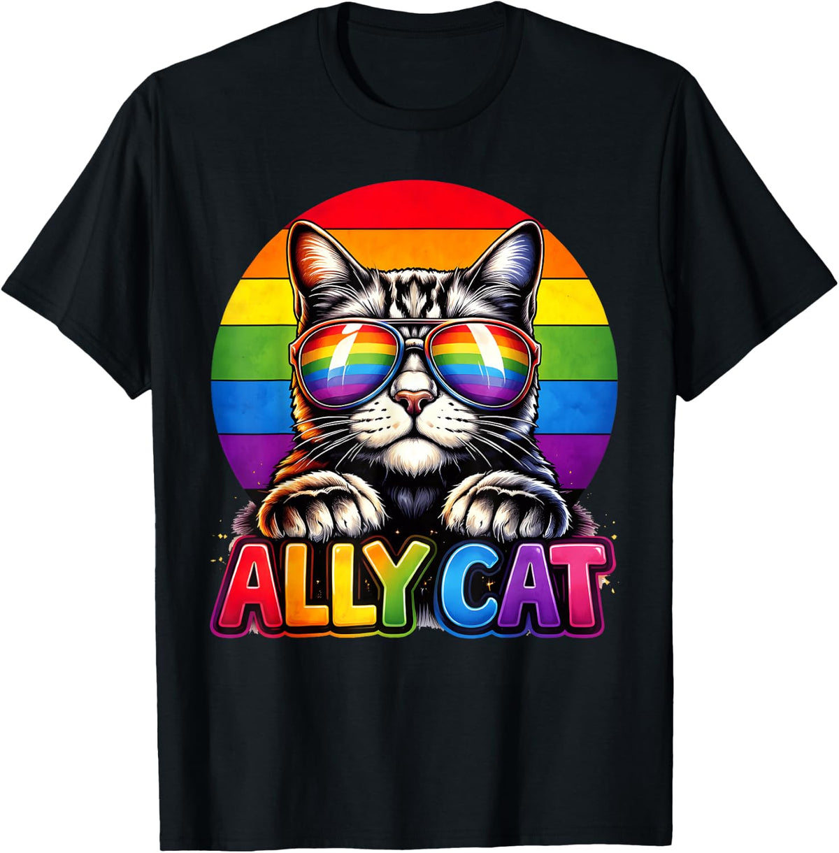 Cute Ally Cat Rainbow Pride Cat Lovers LGBT Men Women T-Shirt - T-Shirt | Black