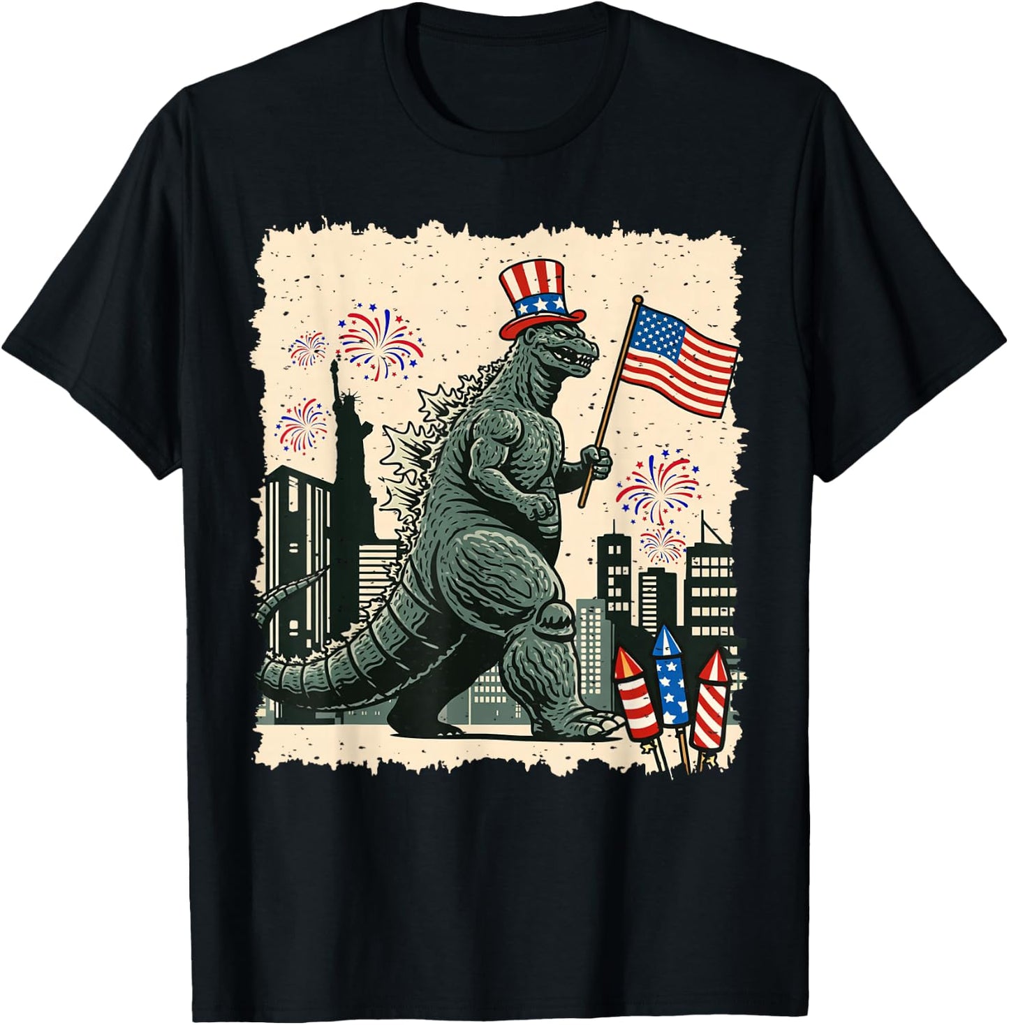 Kaiju Monster Japanese Art USA Flag Patriotic 4th of July T-Shirt - T-Shirt | Black