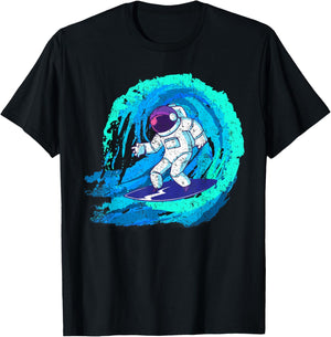Funny space galaxy surfer astronaut surfing blue wave rider T-Shirt - T-Shirt | Black