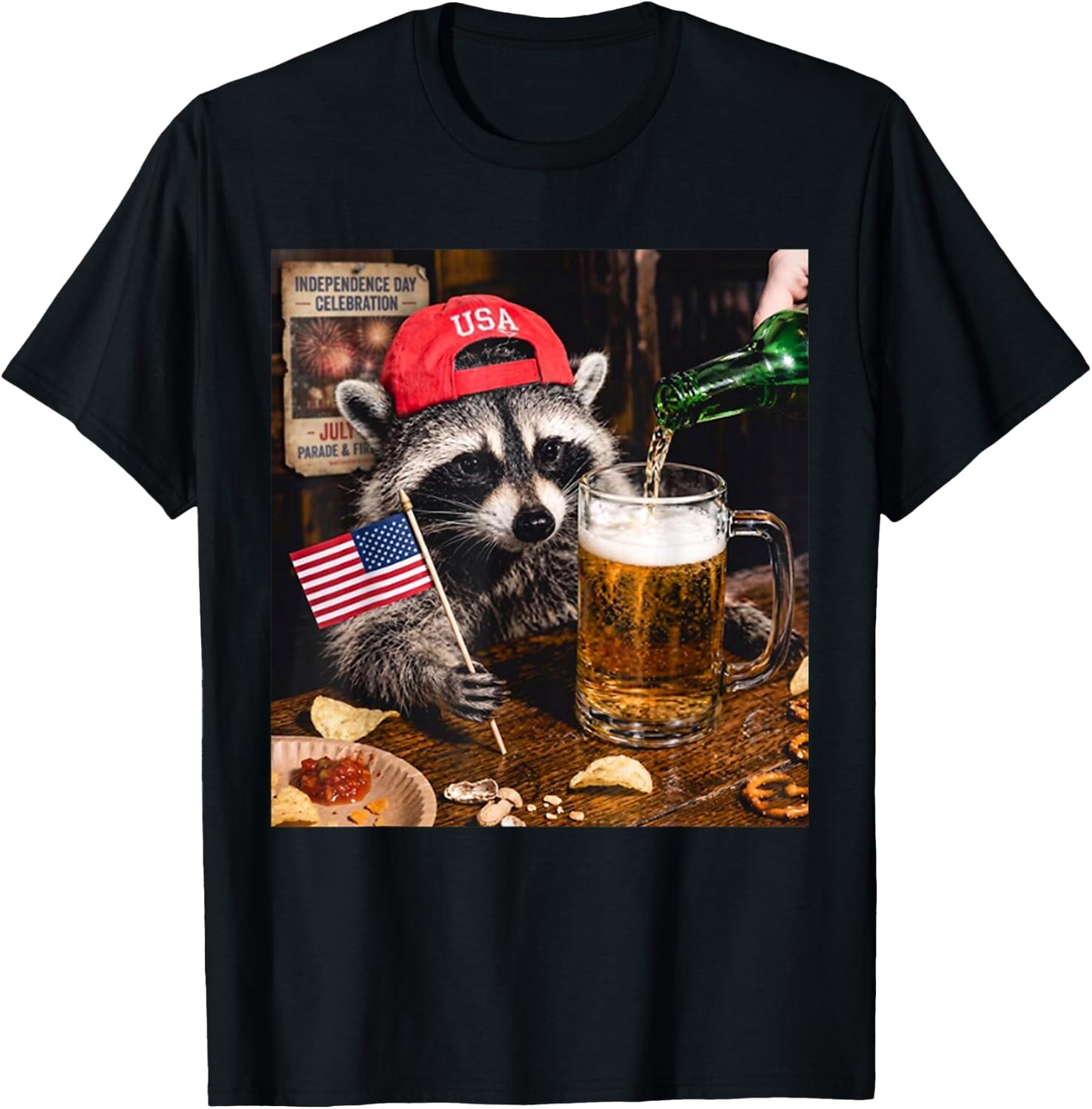 Funny Raccoon Drinking Beer Patriotic USA Flag 4th of July T-Shirt - T-Shirt | Black