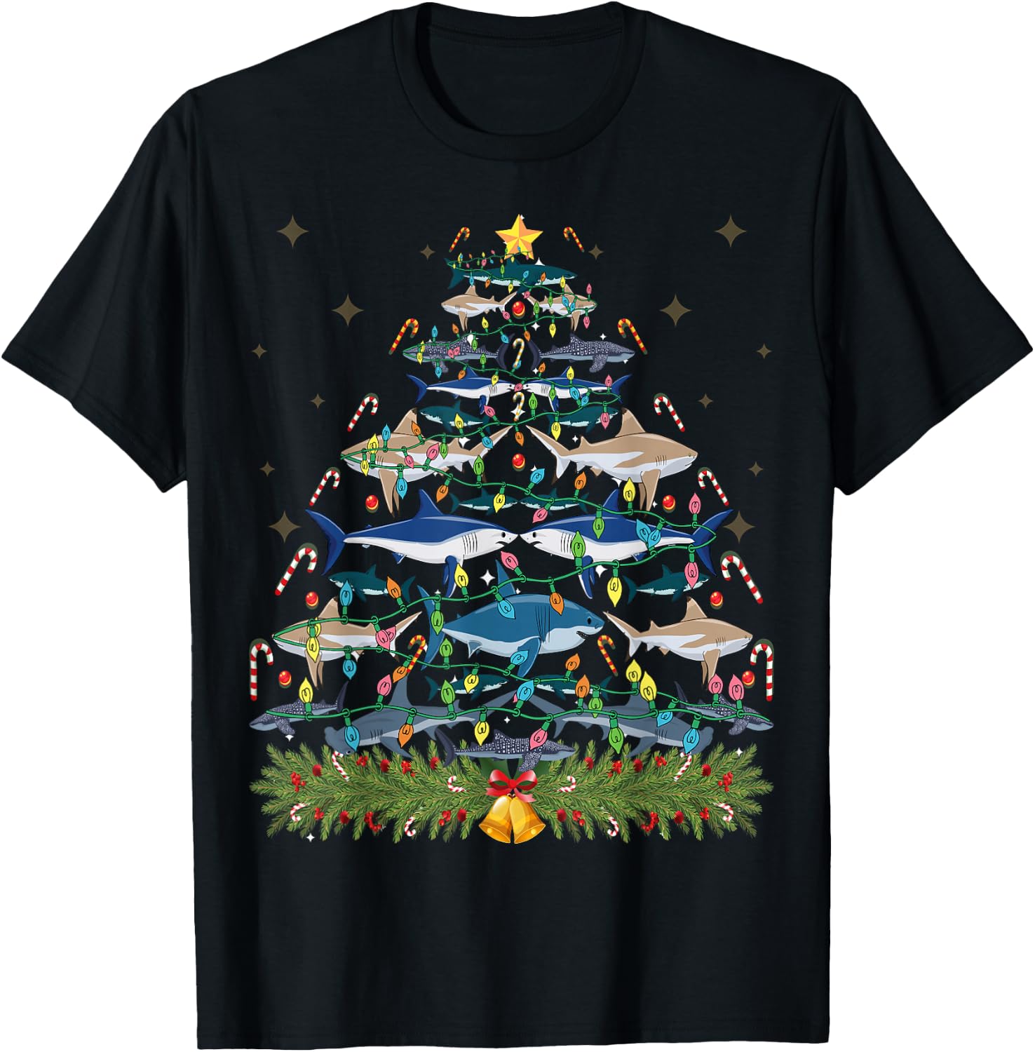 Funny Shark Christmas Tree Xmas Santa Claus Lights Gift T-Shirt - T-Shirt | Black