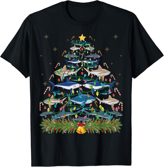 Funny Shark Christmas Tree Xmas Santa Claus Lights Gift T-Shirt - T-Shirt | Black