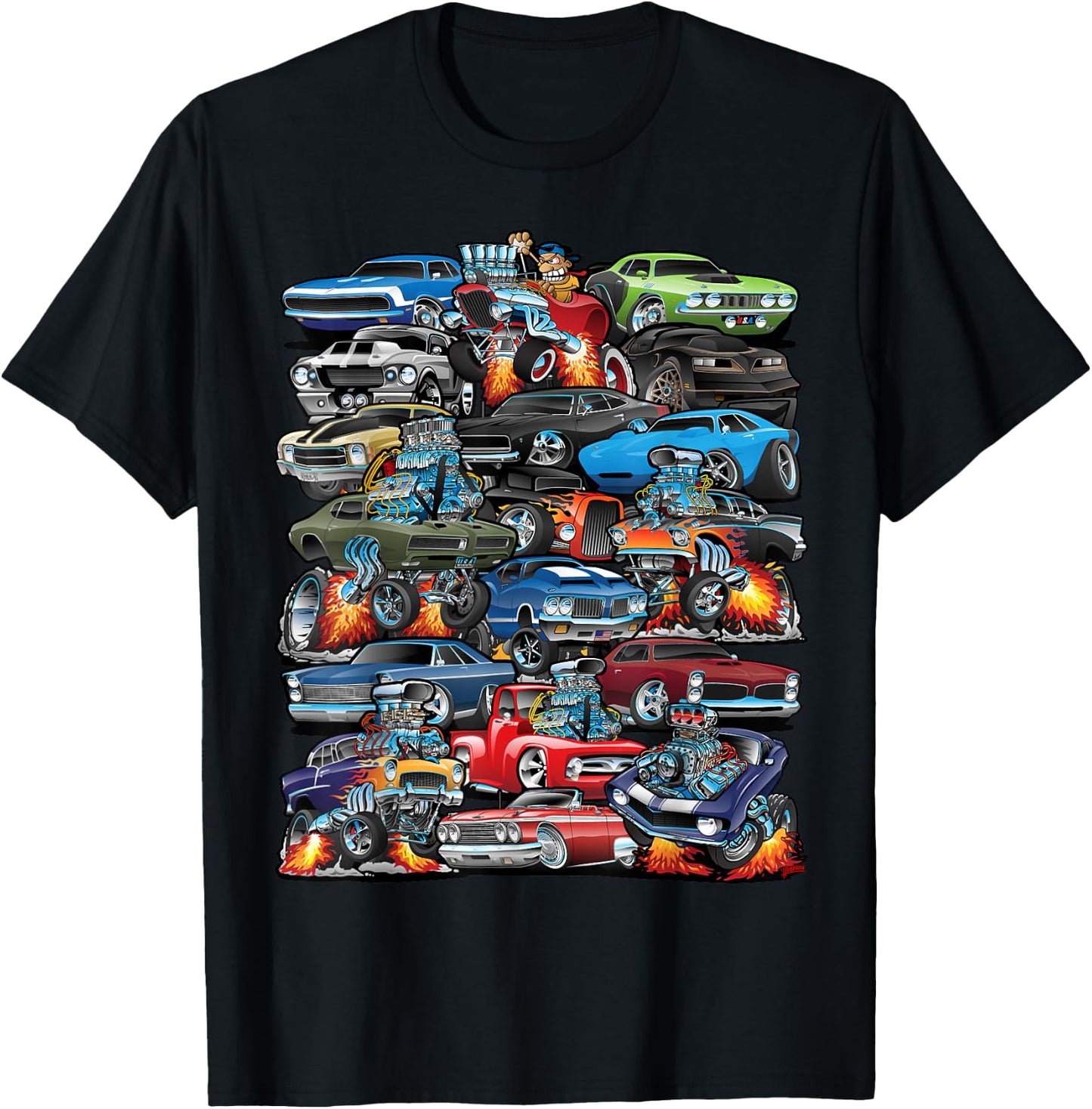Car Madness! Muscle Cars Classic Cars and Hotrods Cartoon T-Shirt - T-Shirt | Black