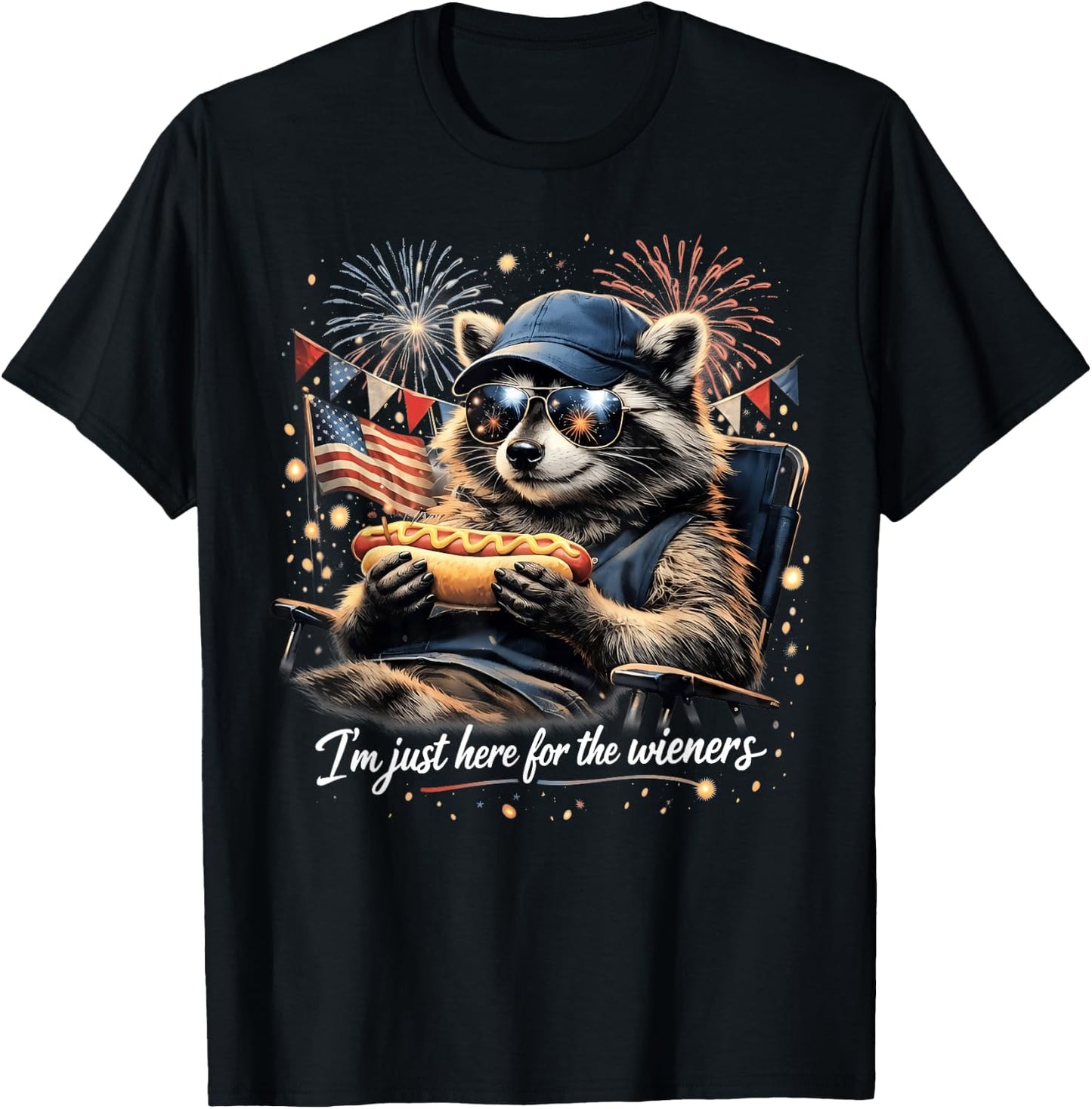 I'm Just Here for the Wieners 4th of July Raccoon Hot Dog T-Shirt - T-Shirt | Black