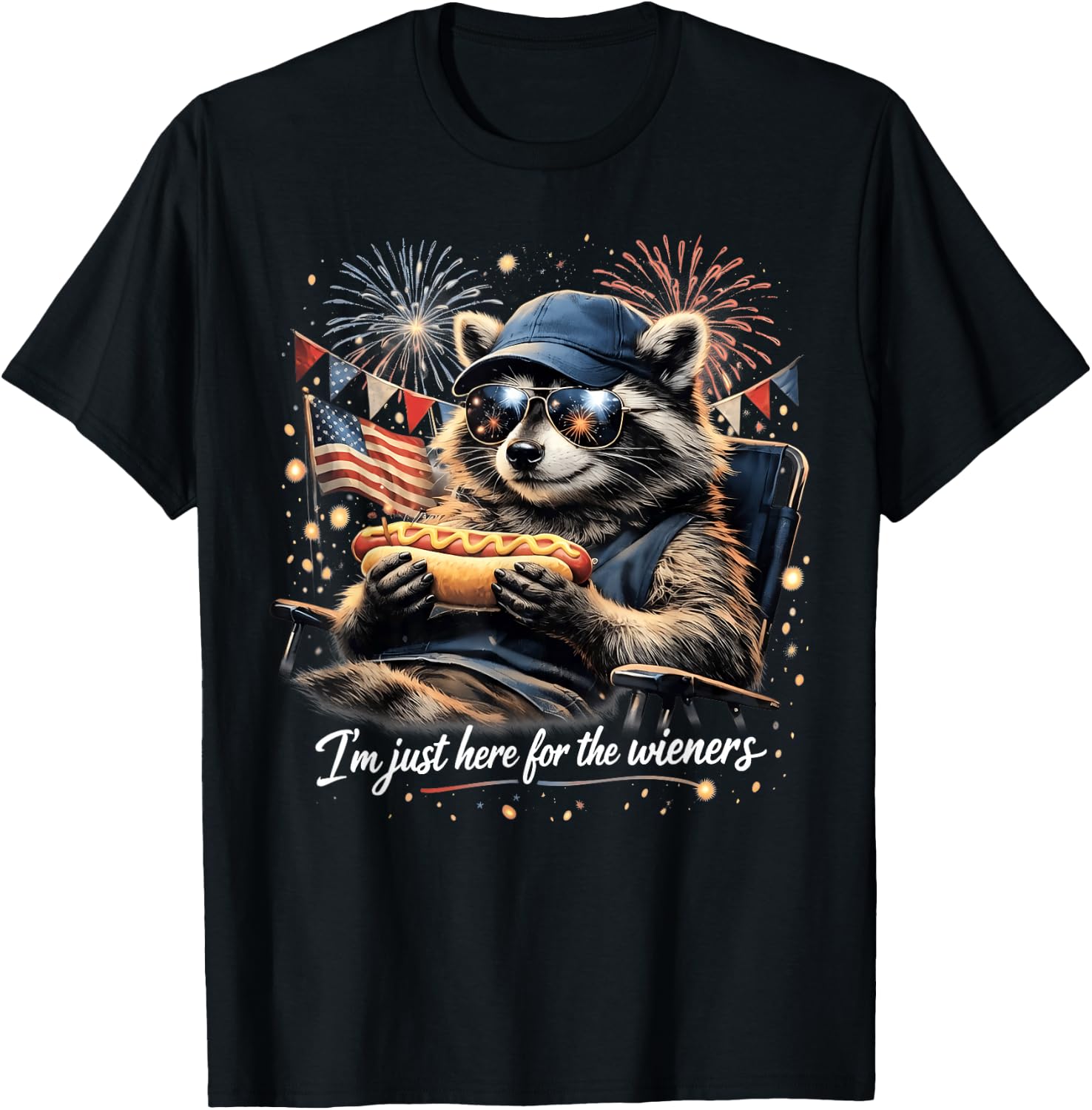 I'm Just Here for the Wieners 4th of July Raccoon Hot Dog T-Shirt - T-Shirt | Black