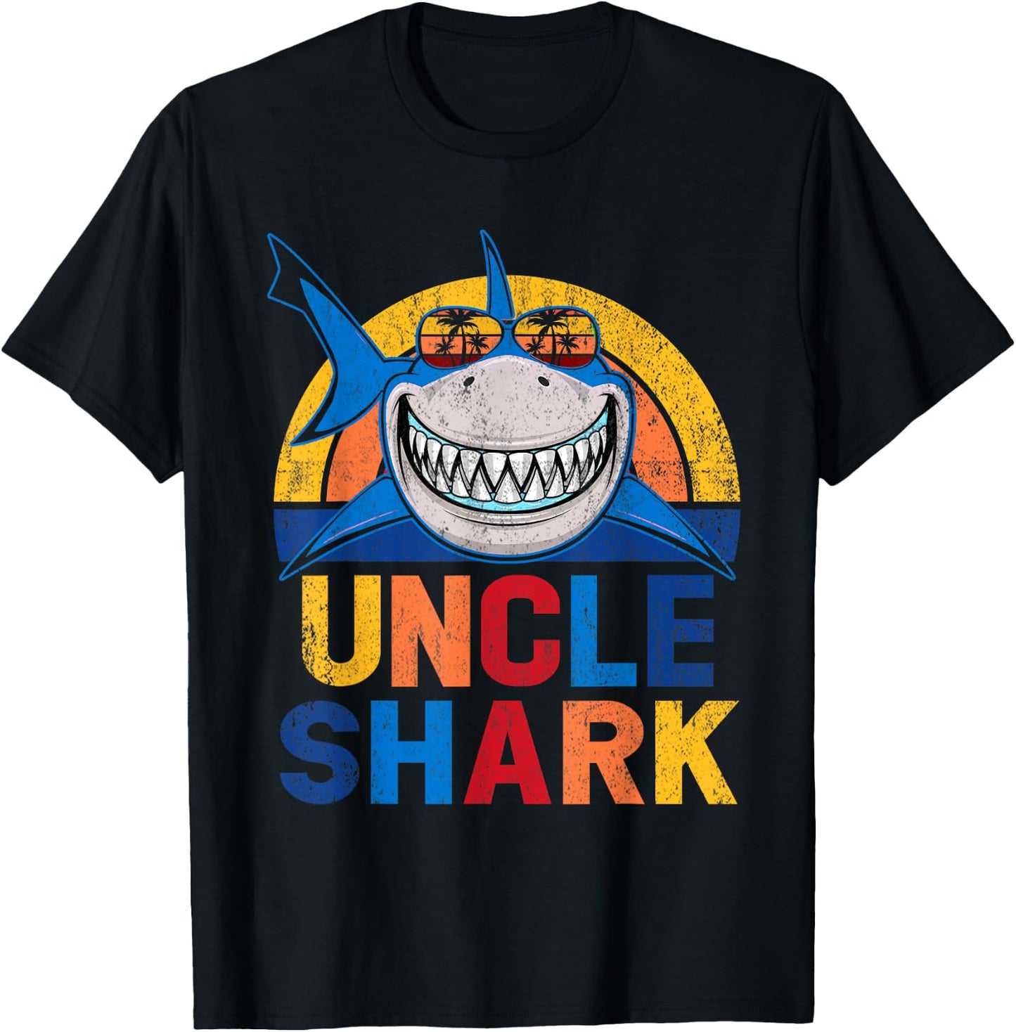 Uncle Shark Retro Pajamas Father Day Uncle Shark T-Shirt - T-Shirt | Black