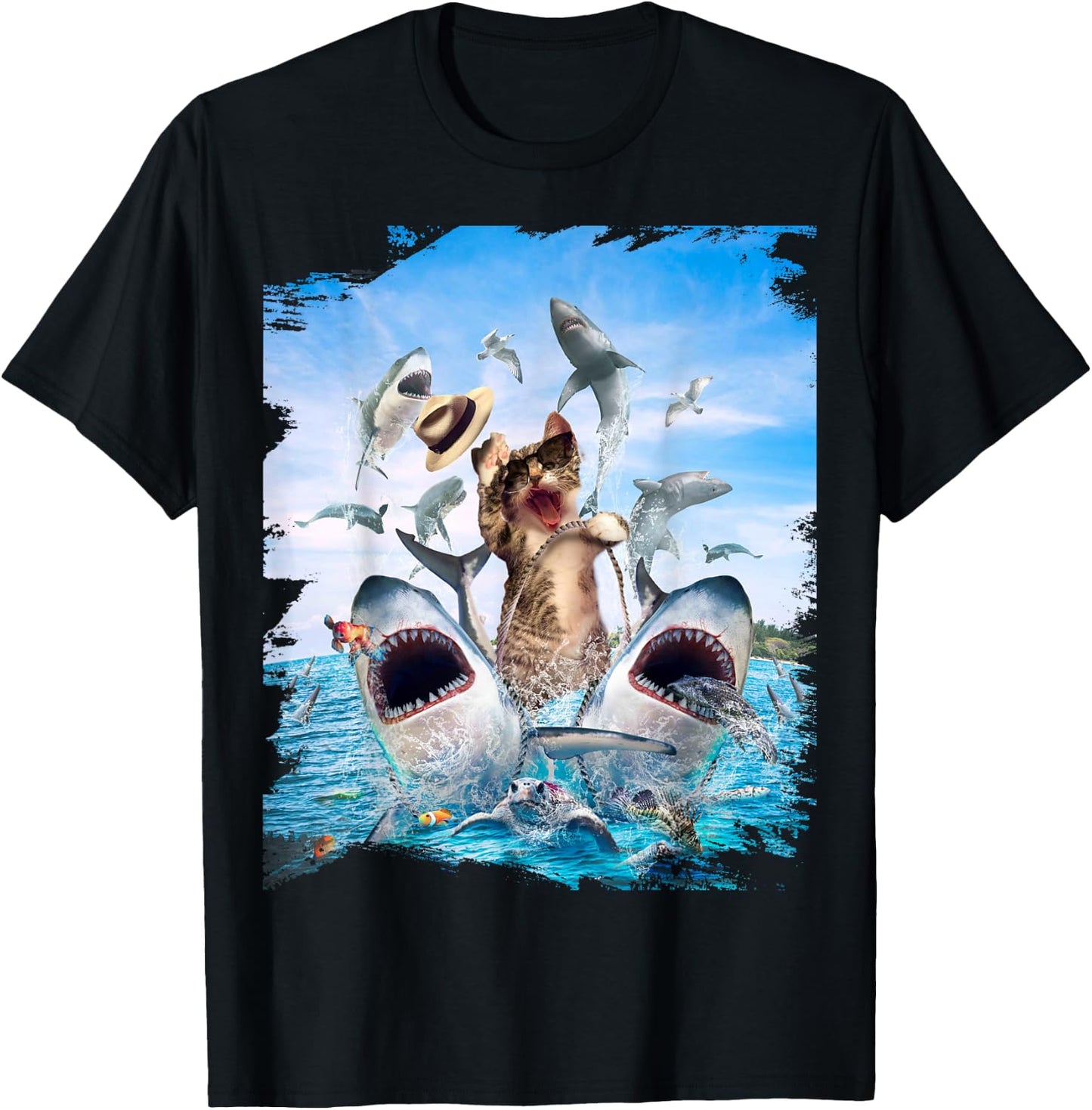 Cat Riding Shark, Beach Ocean Cats Sharks, Sunglasses Funny T-Shirt - T-Shirt | Black