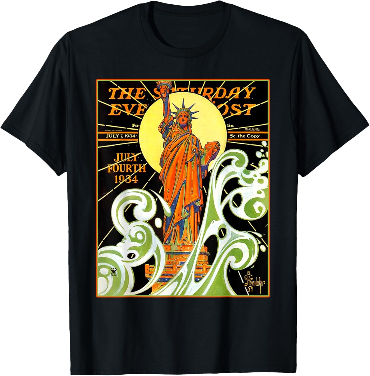 Lady Liberty Statue Of Liberty Waves NYC New York Vintage T-Shirt - T-Shirt | Black